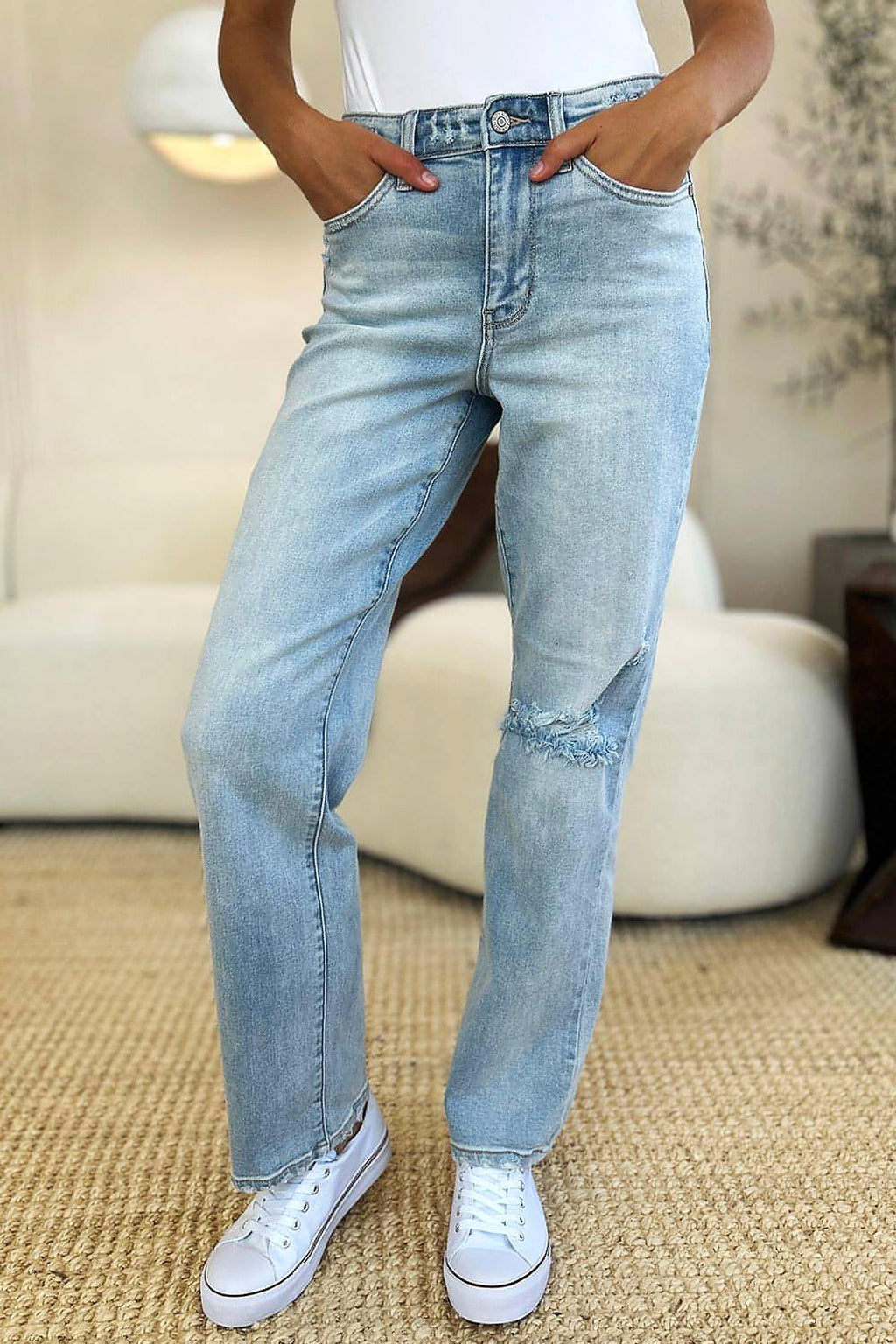 Judy Blue Full Size High Waist Distressed Straight Jeans - enhanced image 2