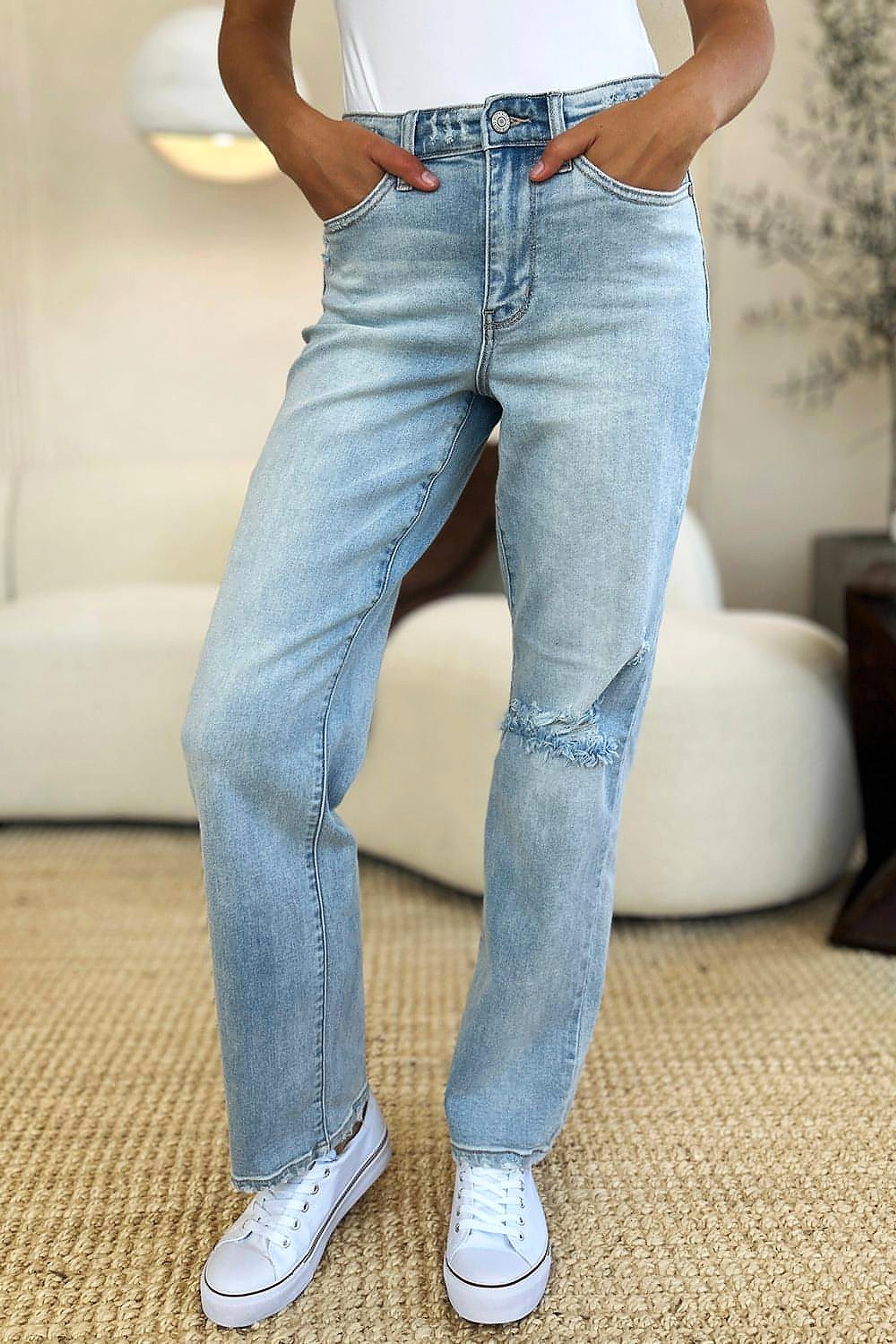 Judy Blue Full Size High Waist Distressed Straight Jeans - enhanced image 2