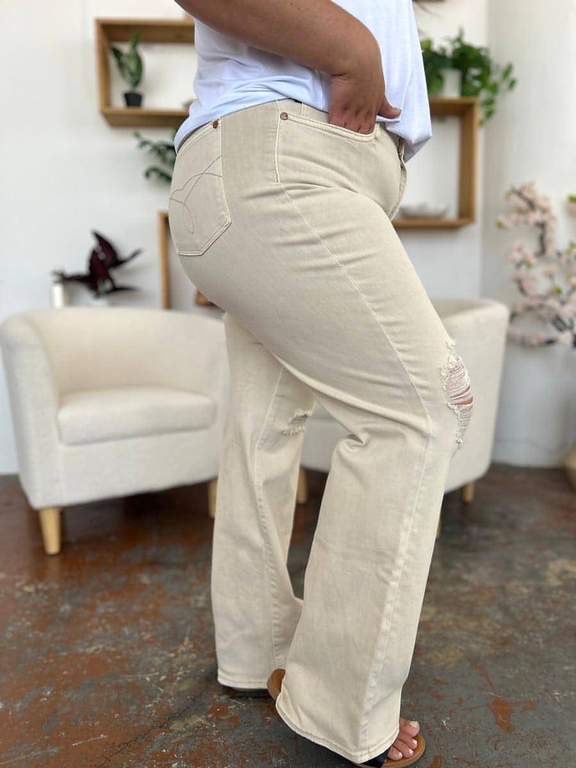 Judy Blue Full Size High Waist Distressed Wide Leg Jeans - enhanced image 2