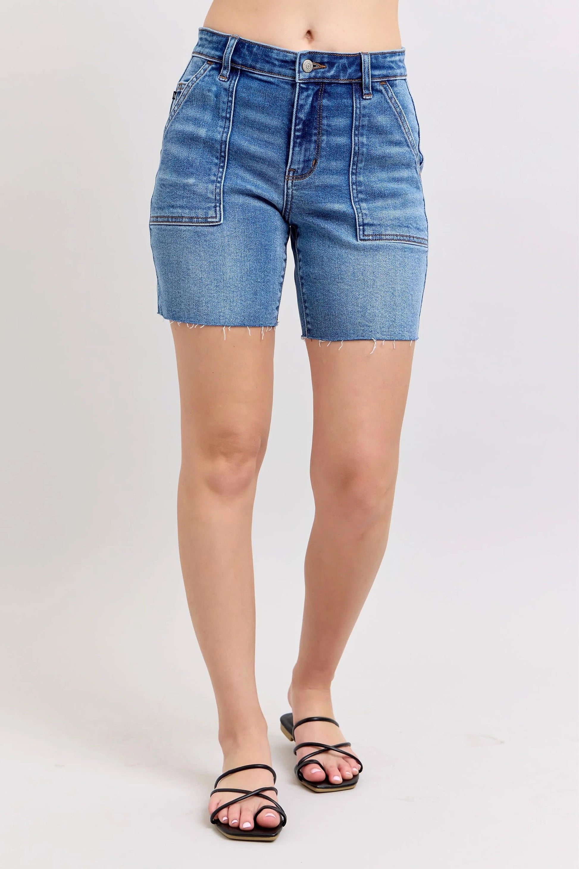 Judy Blue Full Size Mid Rise Bermudas Denim Shorts W/ Back Flap Pockets Plus Size - enhanced image 2