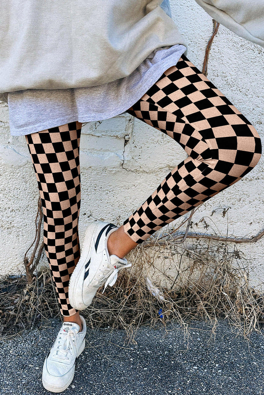 Khaki Checkered Pattern High Waist Skinny Leggings - enhanced image 2