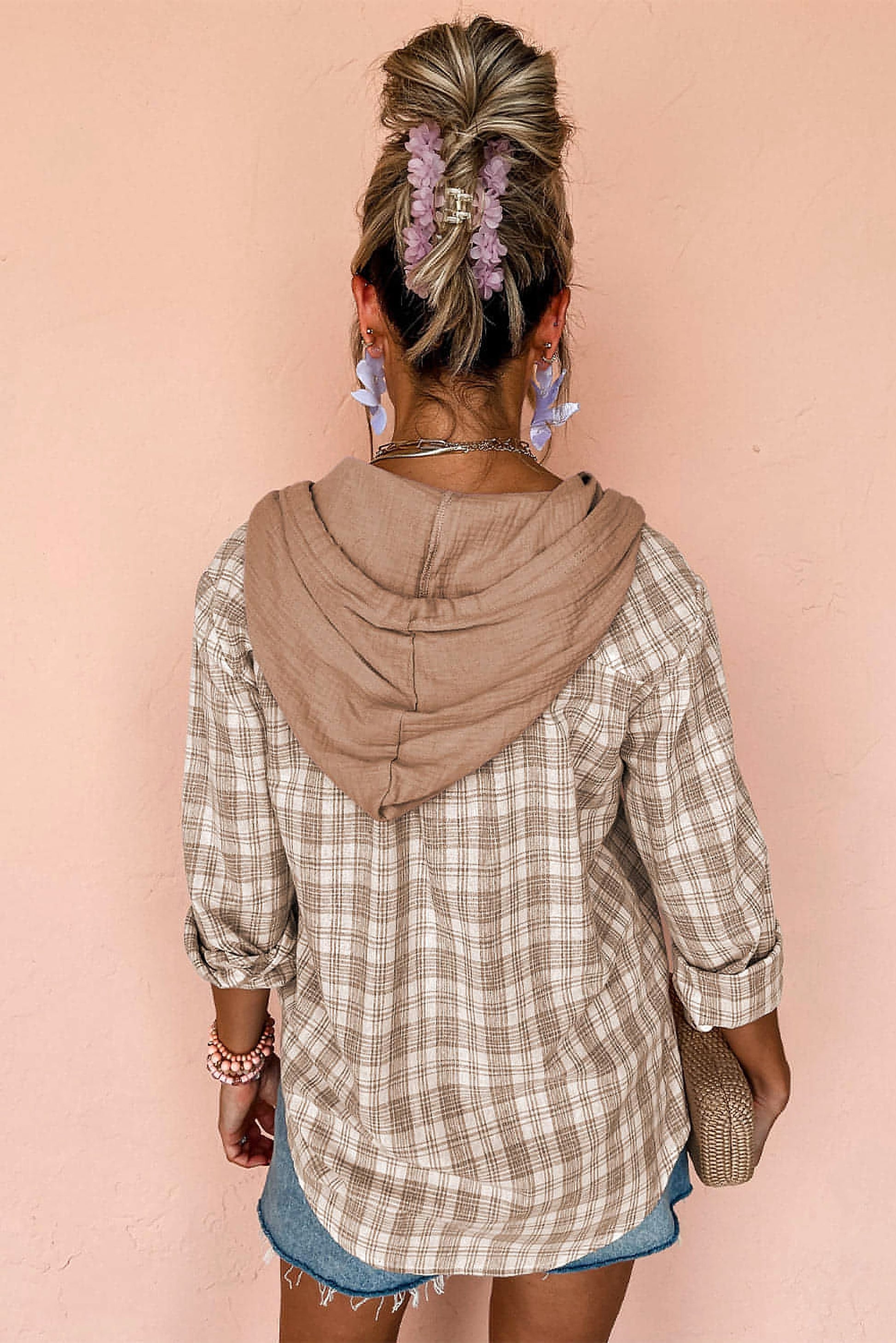 Khaki Checkered Print Loose Fit Buttoned Hooded Shacket - enhanced image 2