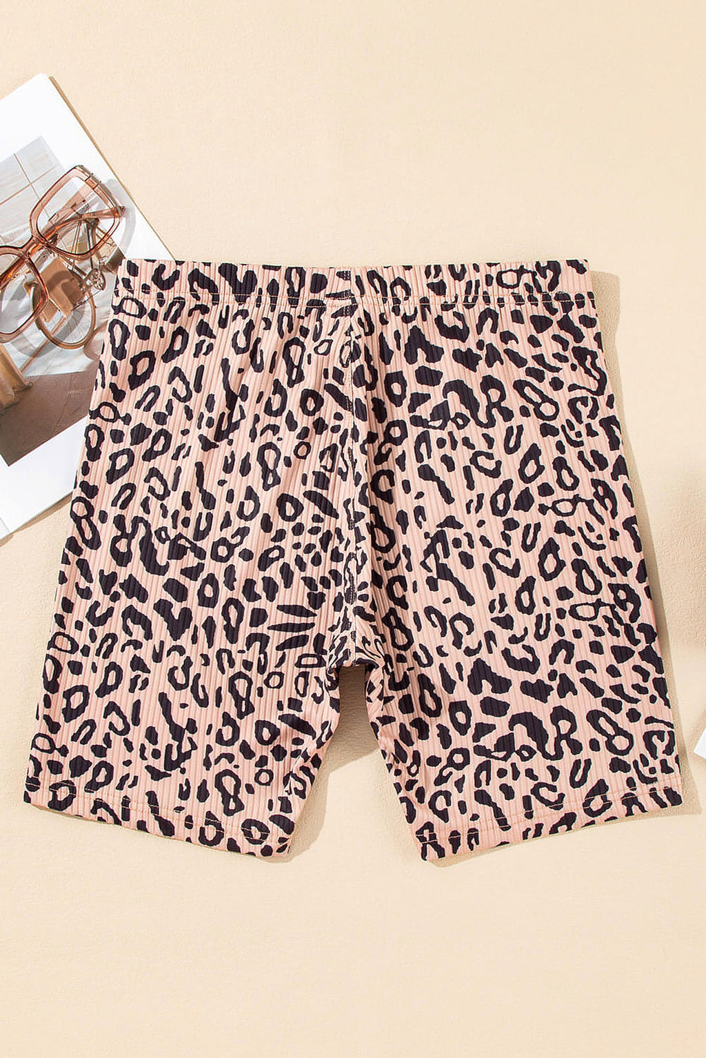 Khaki Leopard Print Ribbed Textured Knit Biker Shorts - enhanced image 2