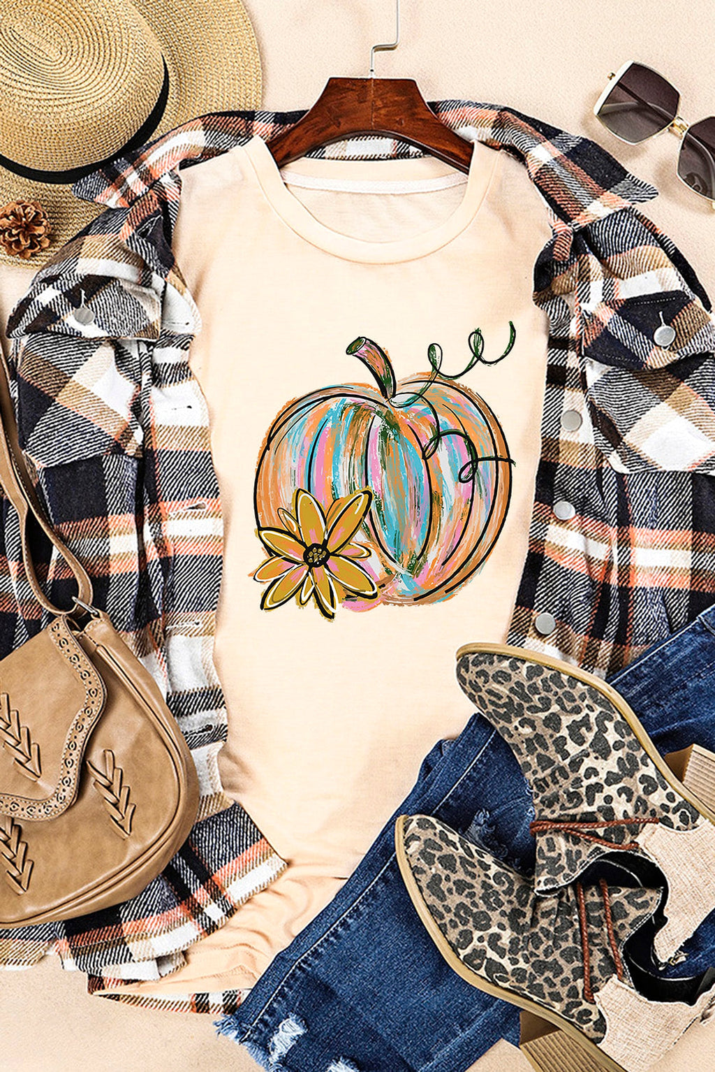Khaki Pumpkin with Flower Graphic T Shirt - enhanced image 2