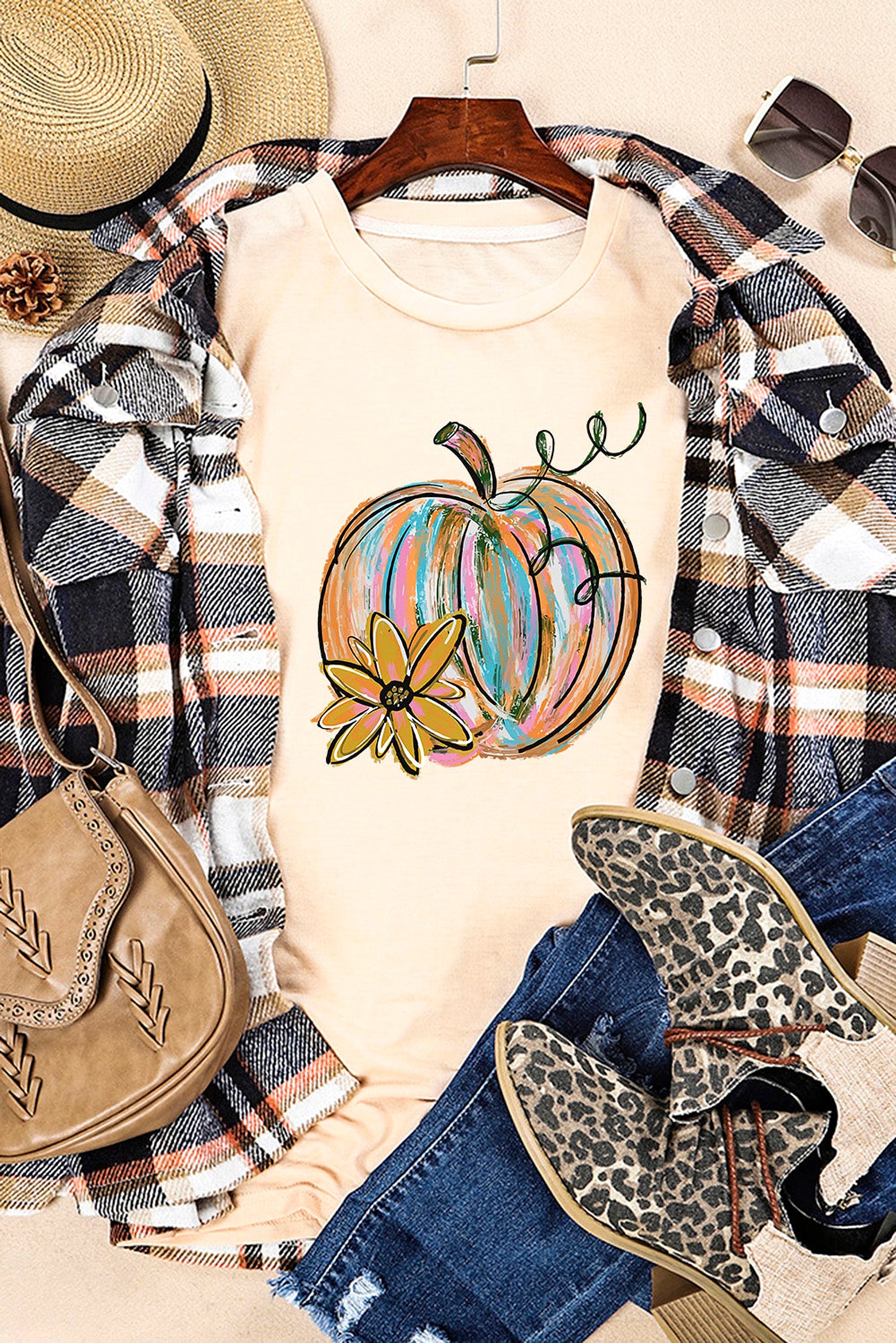 Khaki Pumpkin with Flower Graphic T Shirt - enhanced image 2