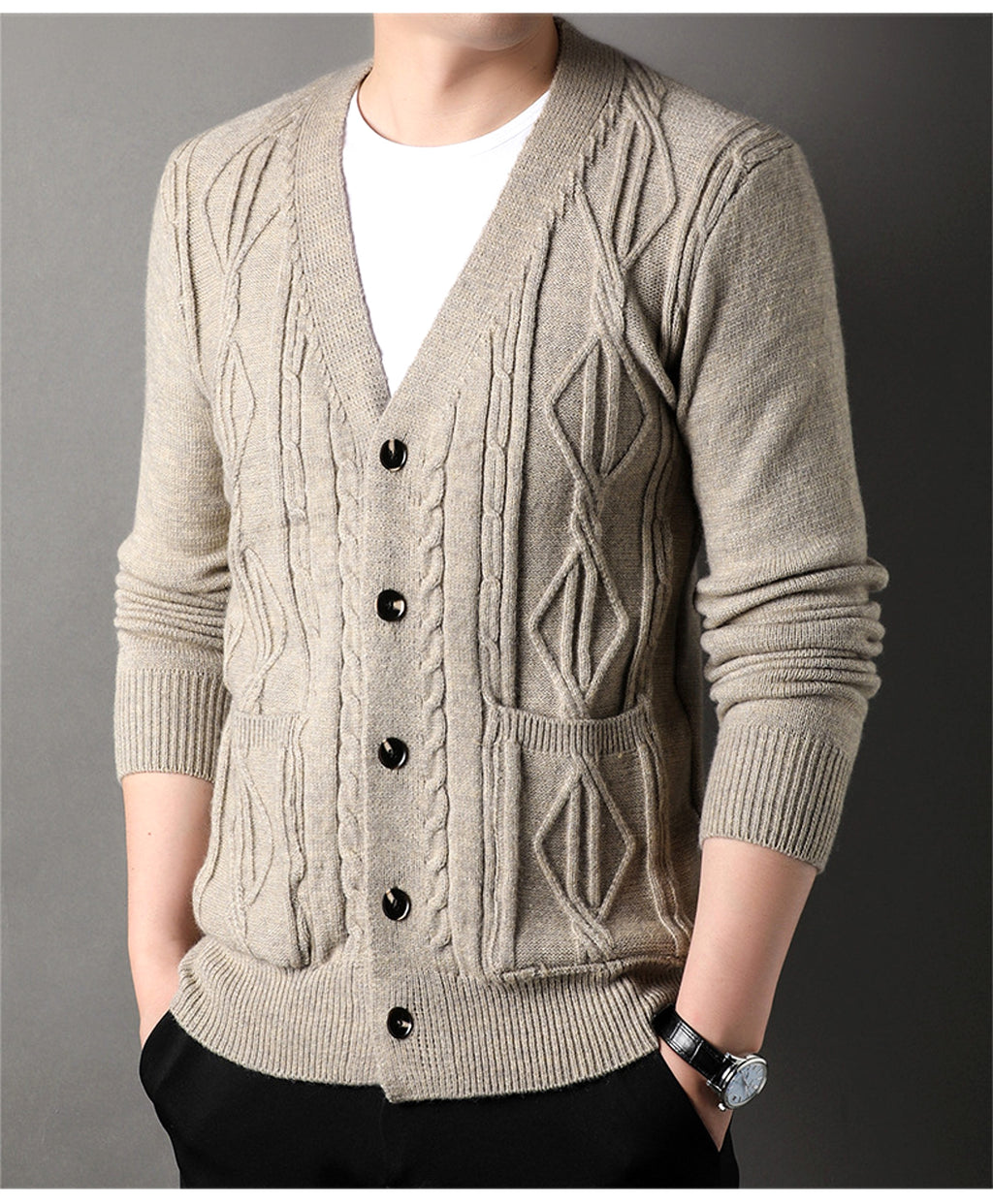 Knitted Cardigan Rhombus Loose Casual Sweater Coat Men - enhanced image 2