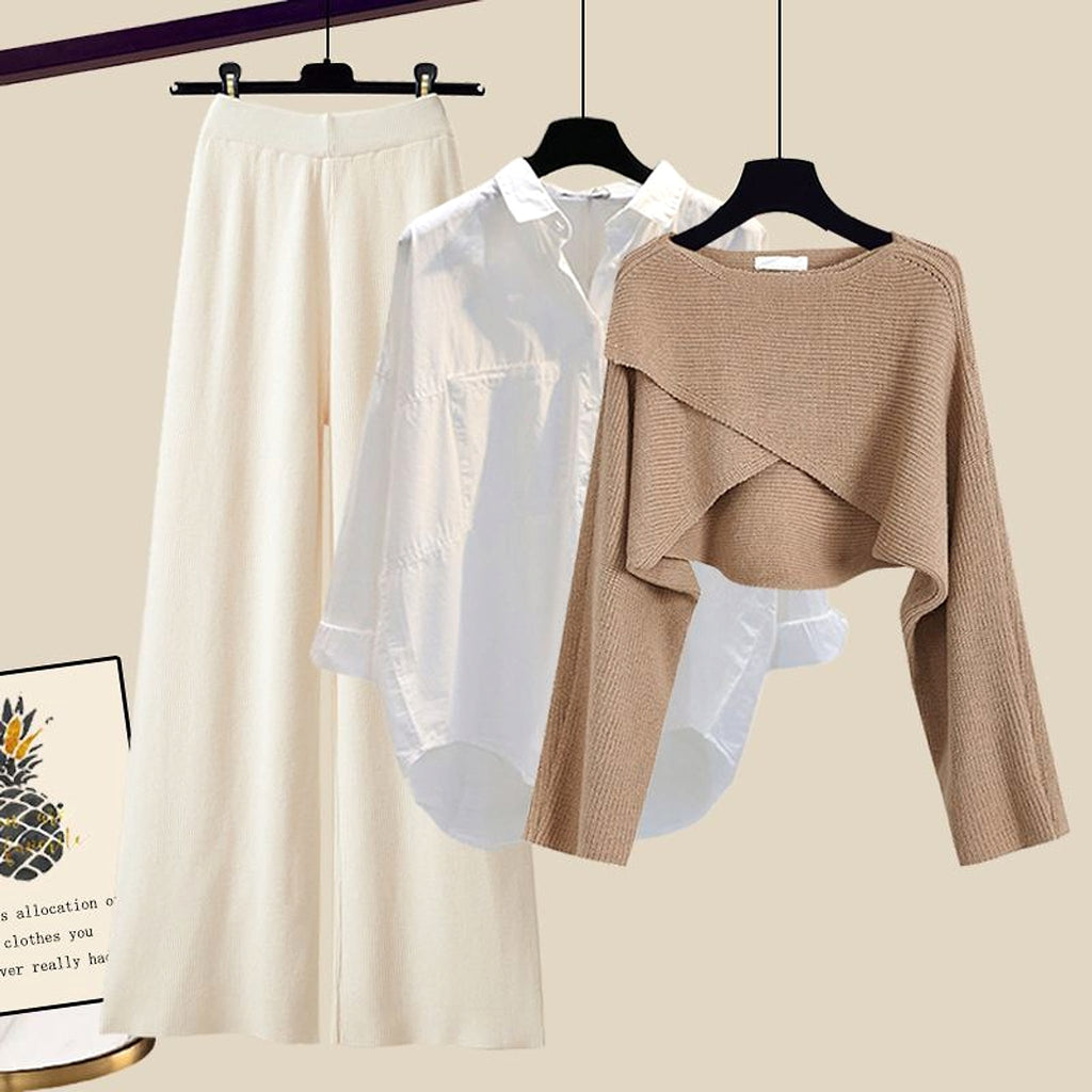 A.1 Knitted Sweater Wide Leg Pants Three-piece Set Autumn And Winter Suit Women - enhanced image 2