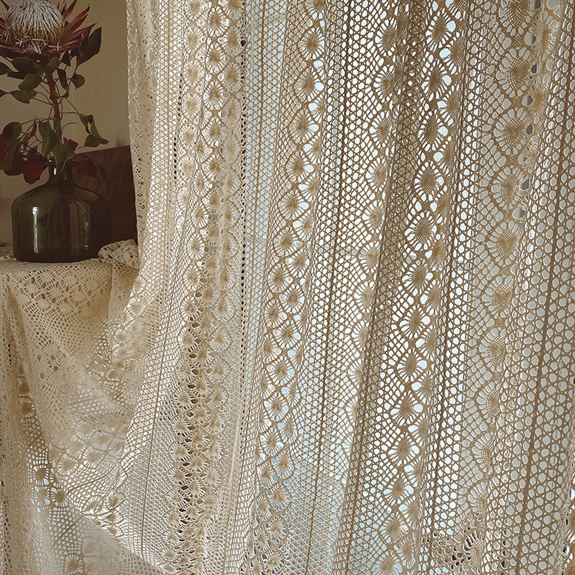 LaceHarvest™ – Cotton Hemp Crochet Curtain in Rustic Farmhouse Style - enhanced image 2