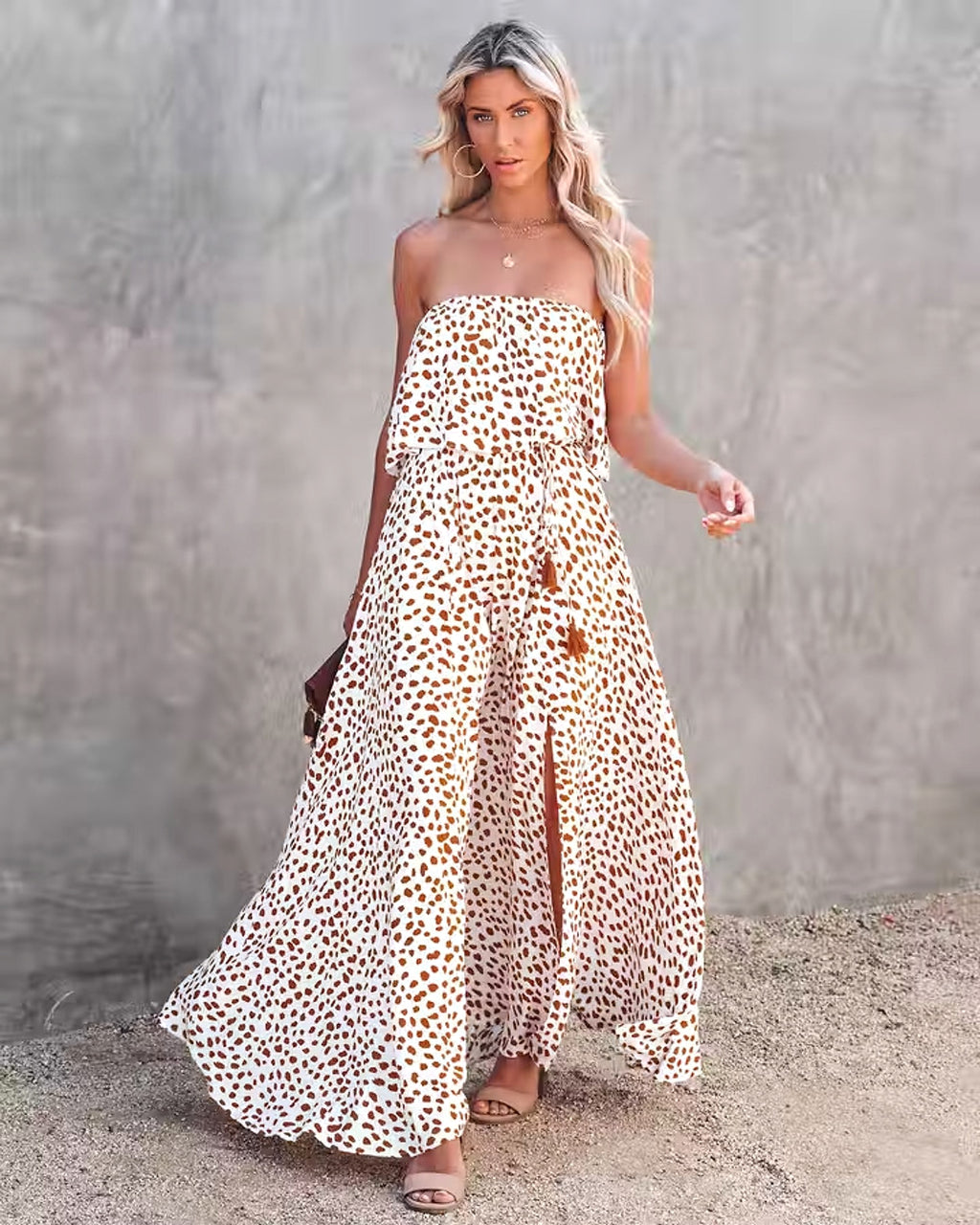Leopard Print Floral-print Off-shoulder Ruffled Slit Dress - enhanced image 2