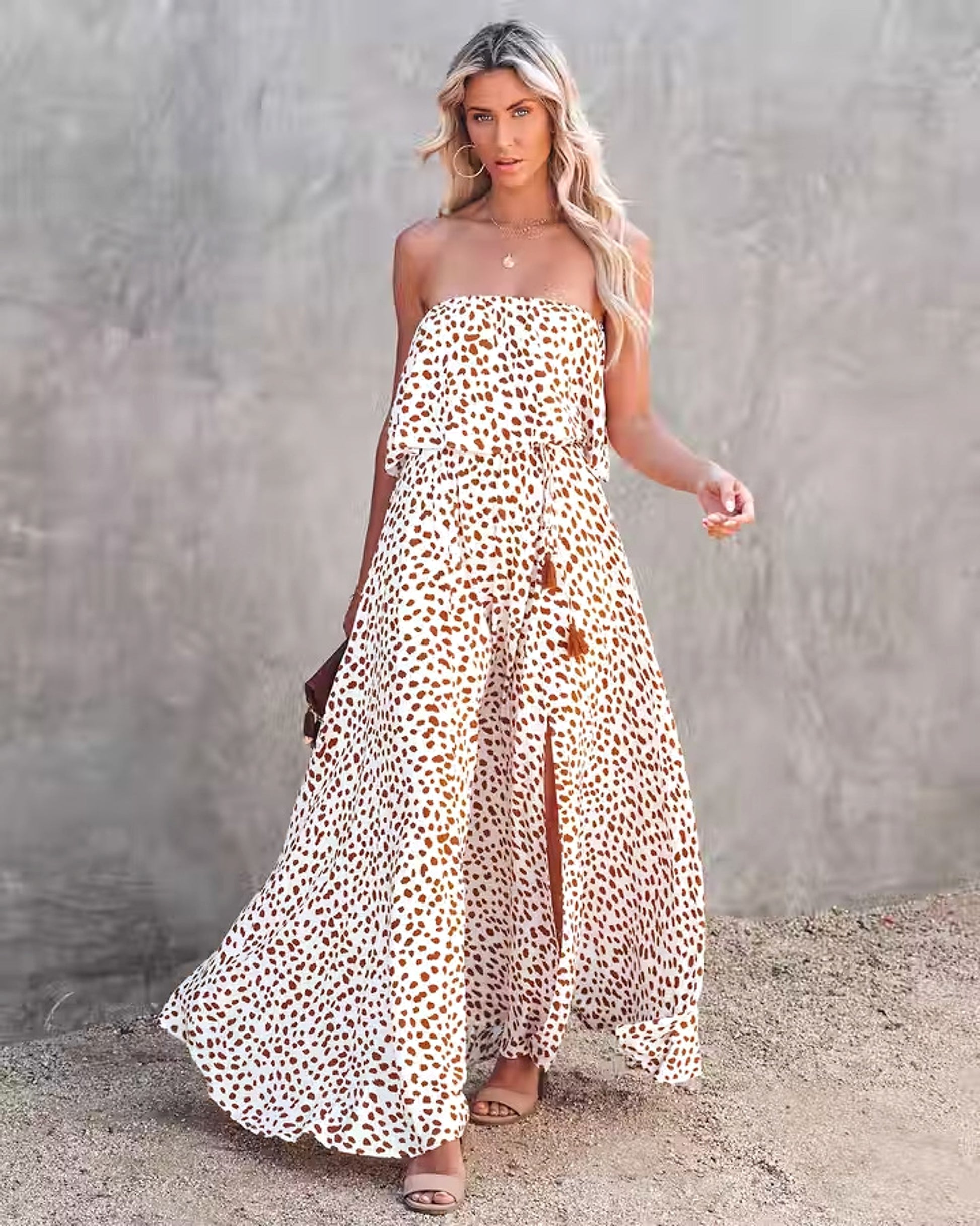 Leopard Print Floral-print Off-shoulder Ruffled Slit Dress - enhanced image 2