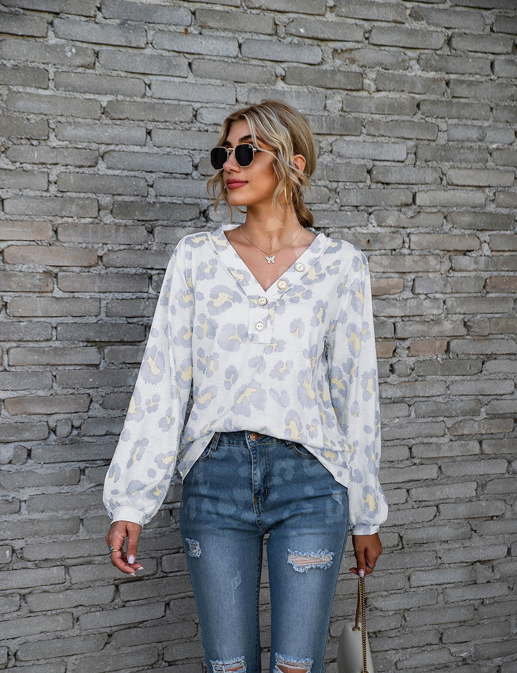 Leopard Print Printed V-neck Off-the-shoulder Long Sleeve T-shirt Women - enhanced image 2
