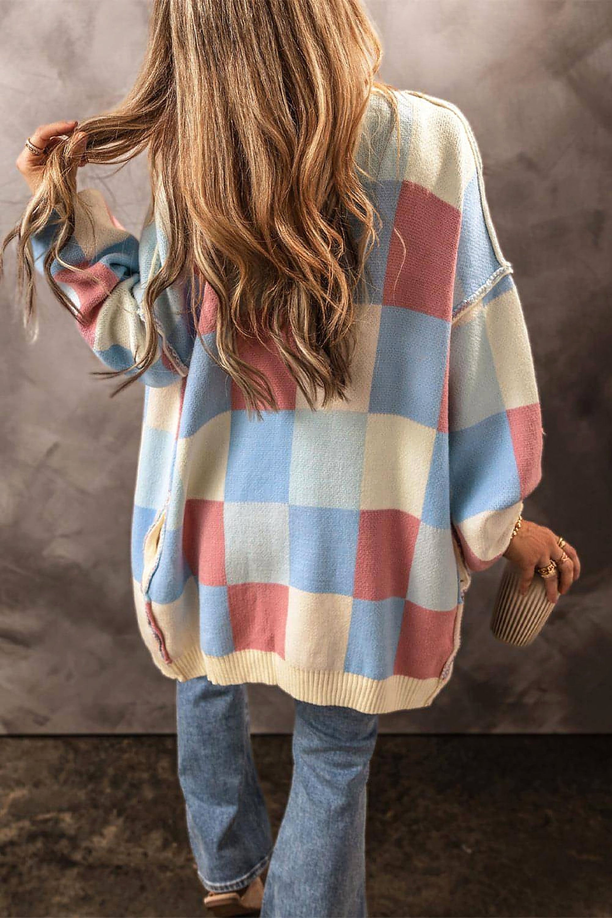 Light Blue Checkered Drop Shoulder Exposed Seam Open Front Cardigan - enhanced image 2