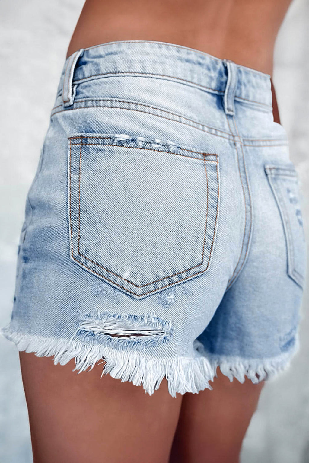 Light Blue Distressed Ripped Raw Hem High Waist Denim Shorts - enhanced image 2