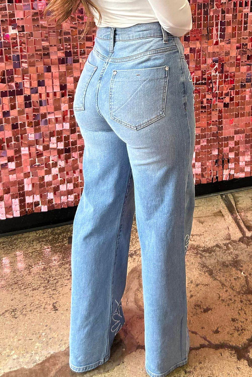 Light Blue Floral Rhinestone Decor High Rise Wide Leg Jeans - enhanced image 2