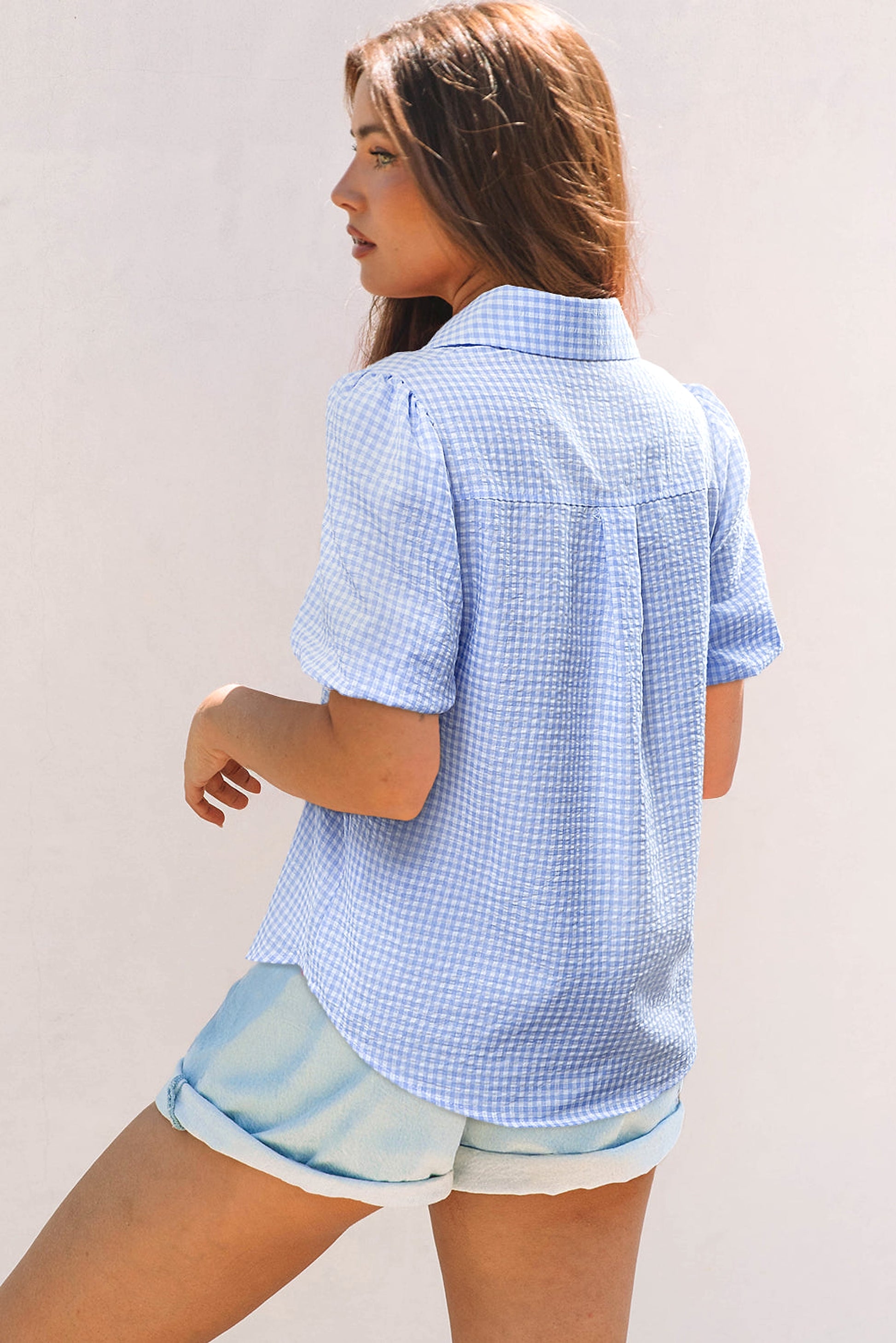 Light Blue Gingham Short Puff Sleeve Button Up Shirt - enhanced image 2