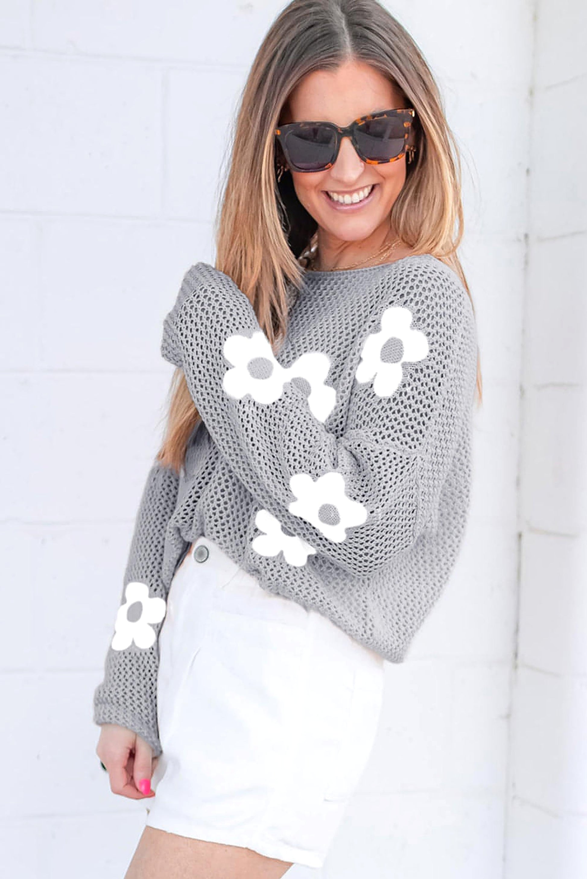 Light Grey Big Flower Hollowed Knit Drop Shoulder Sweater - enhanced image 2