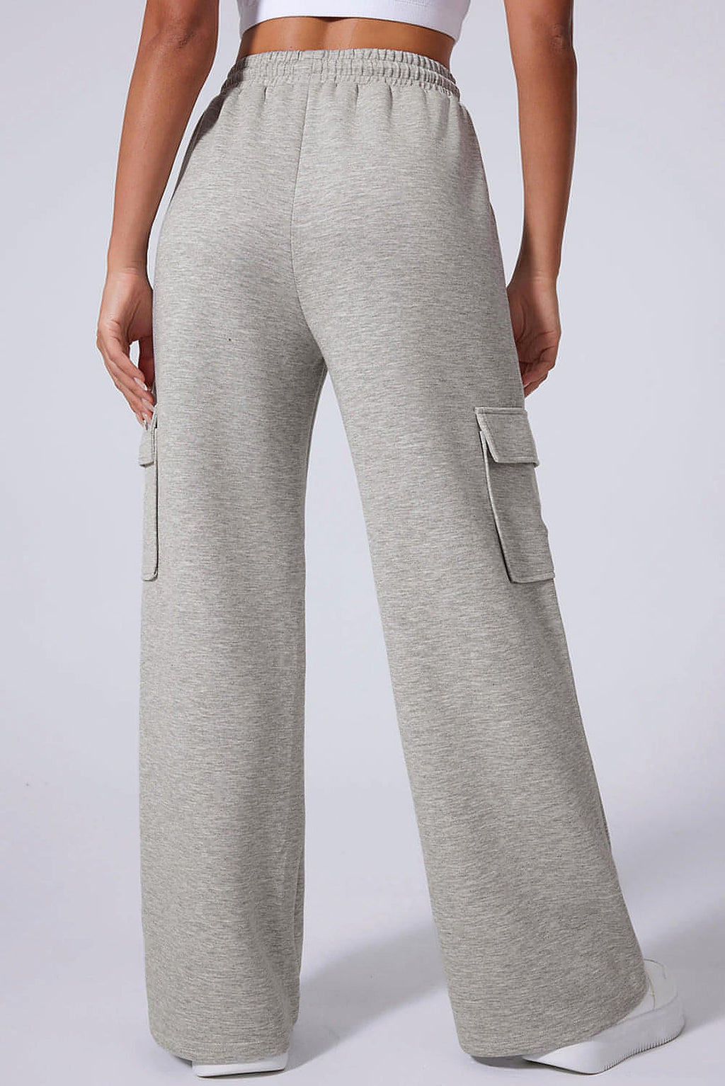 Light Grey Multi Pockets Lace-up High Waist Wide Leg Workout Pants - enhanced image 2