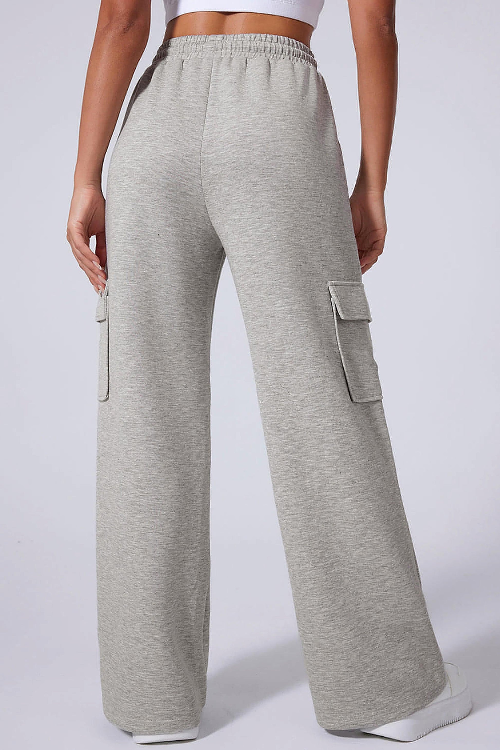 Light Grey Multi Pockets Lace-up High Waist Wide Leg Workout Pants - enhanced image 2