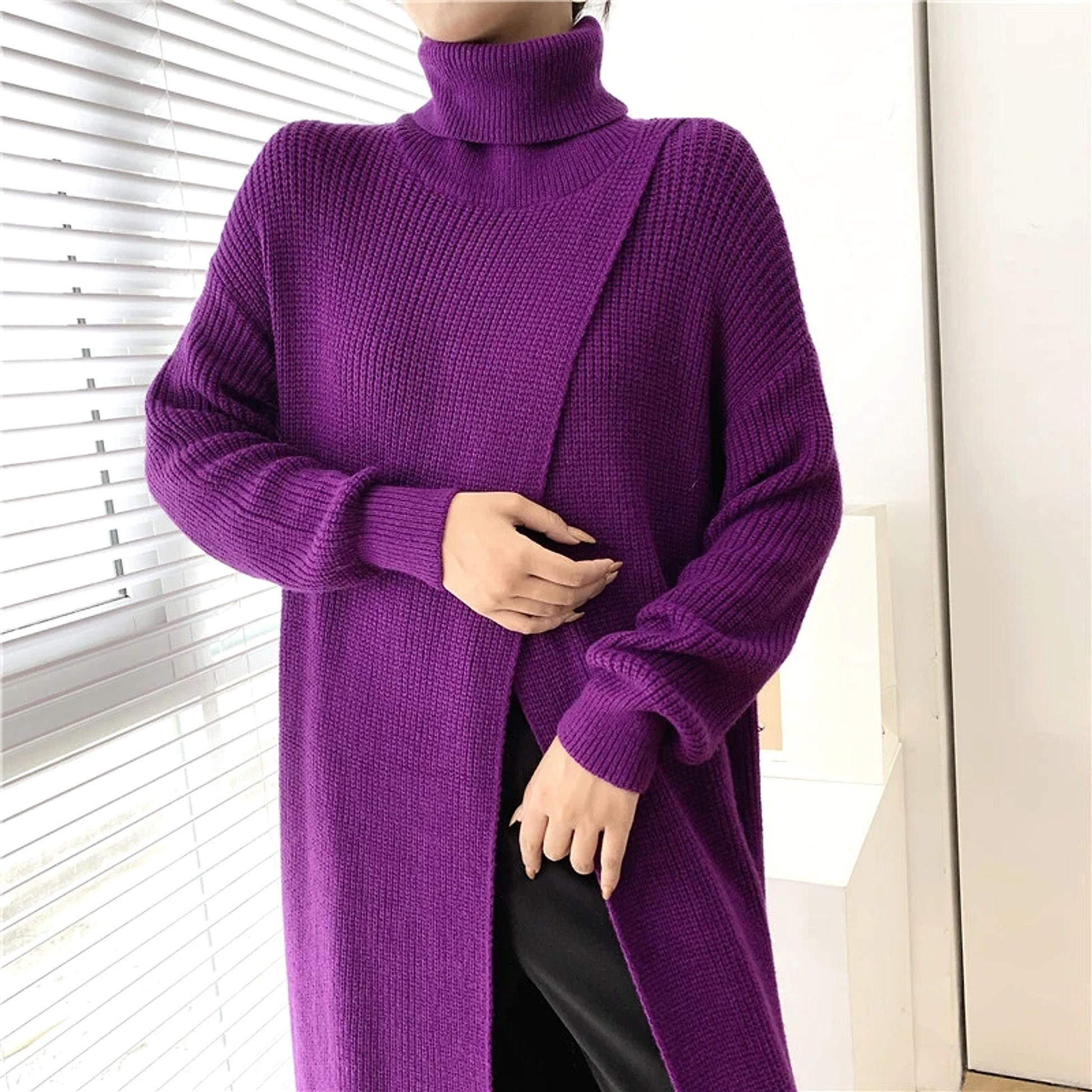 A.1 Long Knit Turtleneck Sweater Long Skirt Pullover Bottoming With Slits And Slim Fit - enhanced image 2