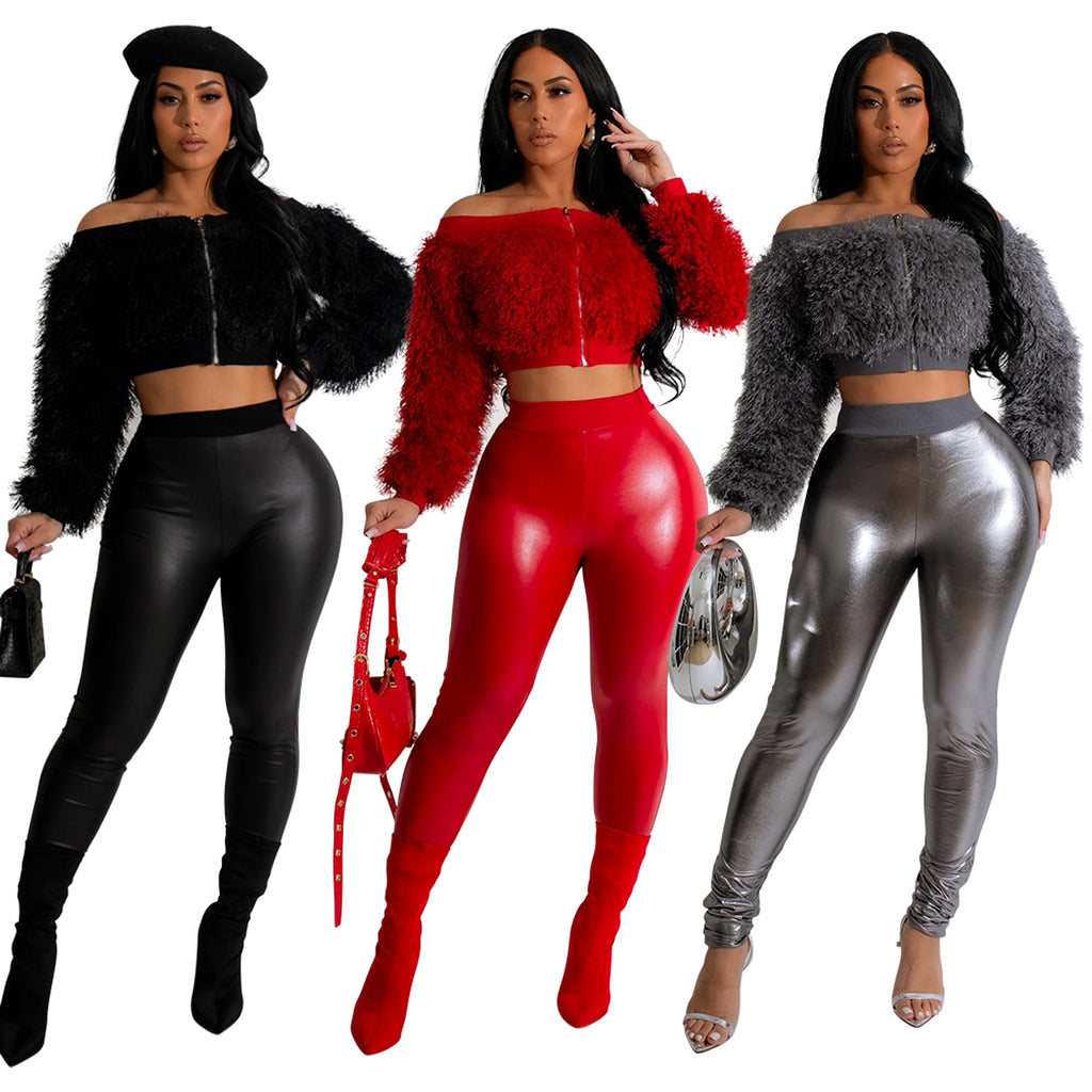 Long Sleeve Furry Short Top With Slim Trousers Two-piece Set For Women - enhanced image 2