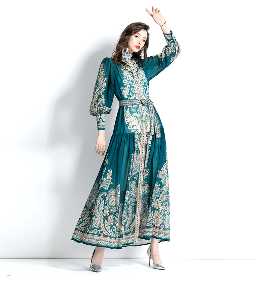 Long Sleeve Stand-up Collar Puff Sleeve Lace Printing Dress - enhanced image 2