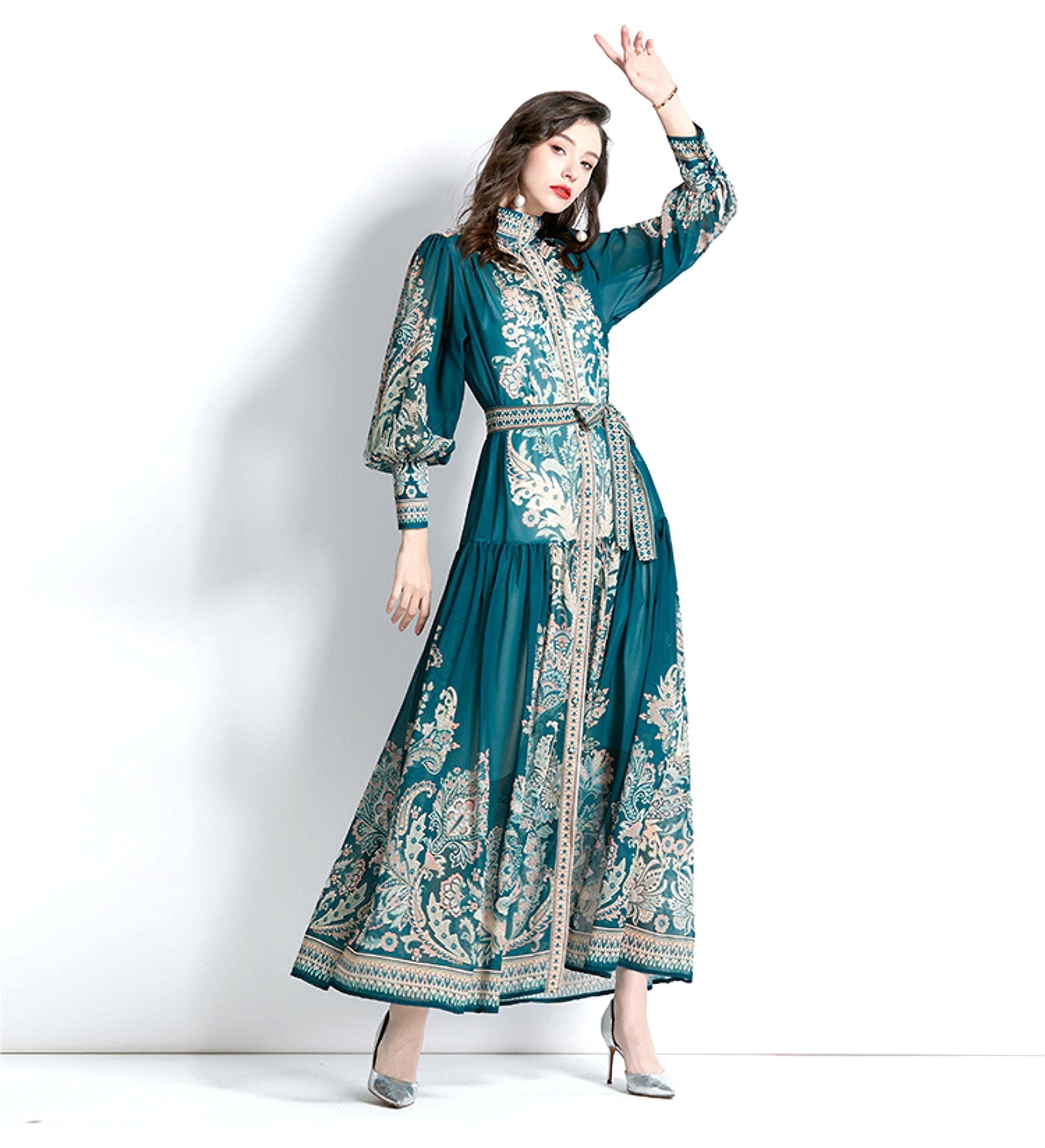 Long Sleeve Stand-up Collar Puff Sleeve Lace Printing Dress - enhanced image 2
