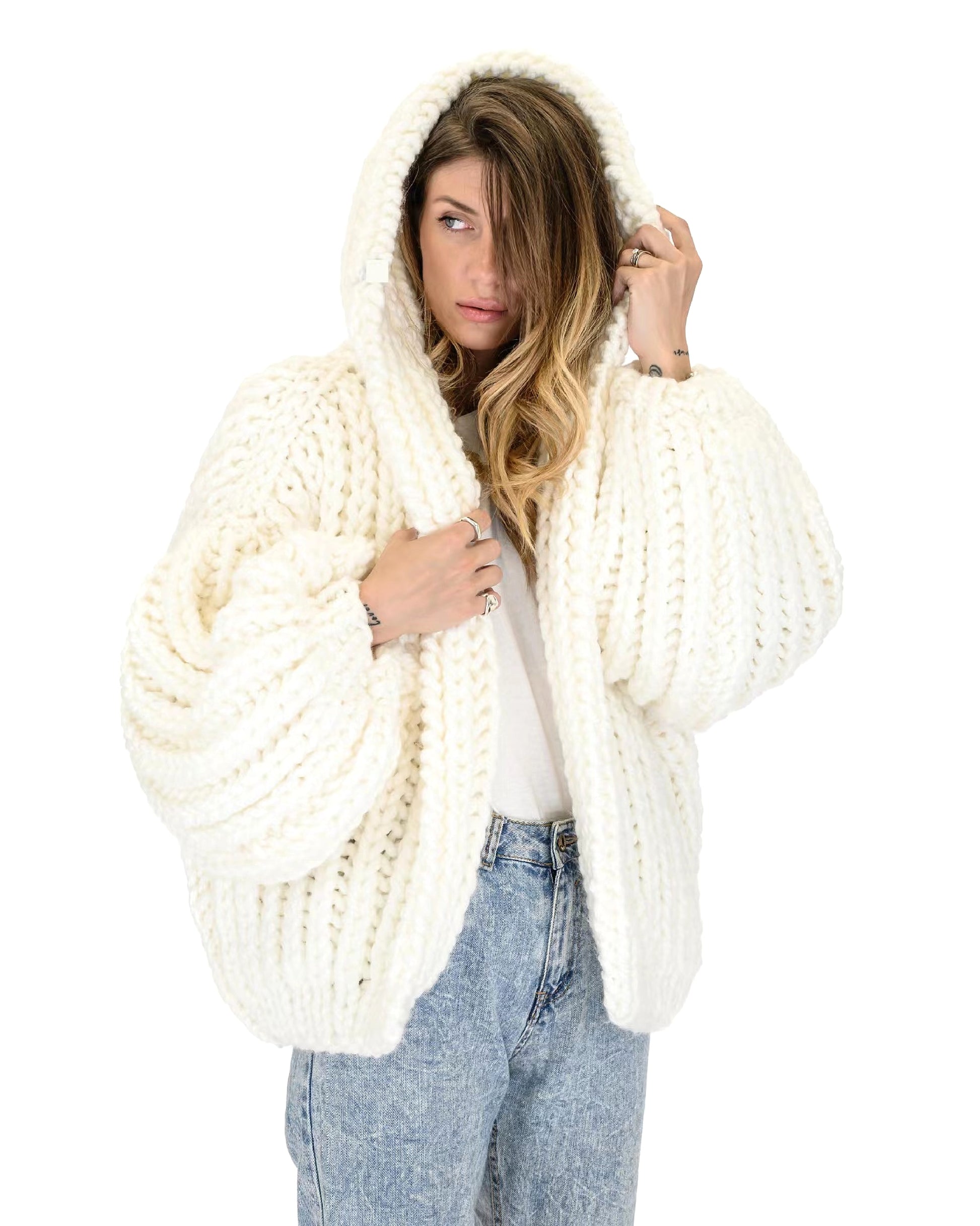 Loose And Hooded Cardigan Coat Handmade Knitting Needle Women's Knitted Sweater - enhanced image 2