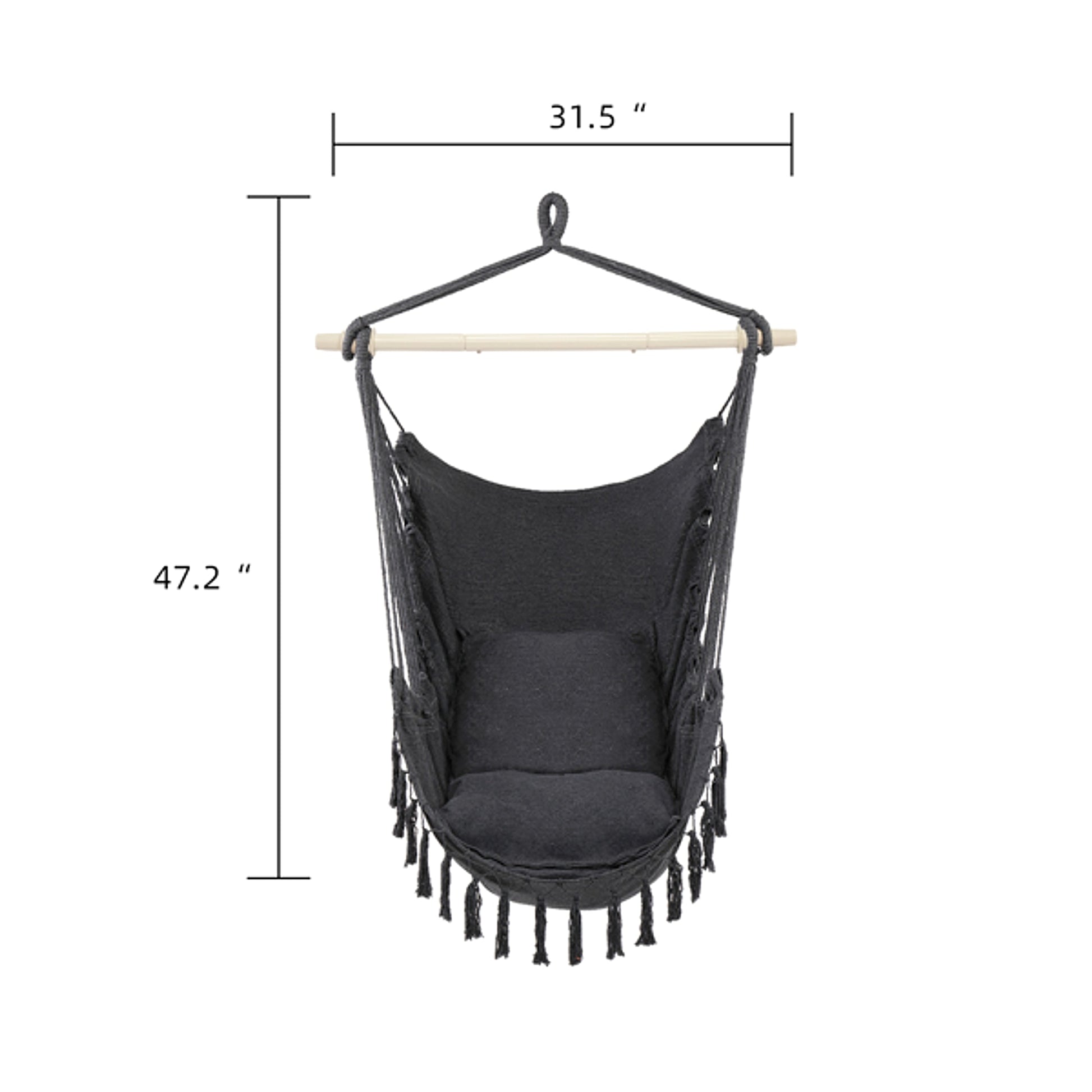 LuneluX – Boho Hanging Chair with Fringe & Cushions (Gray) - enhanced image 2