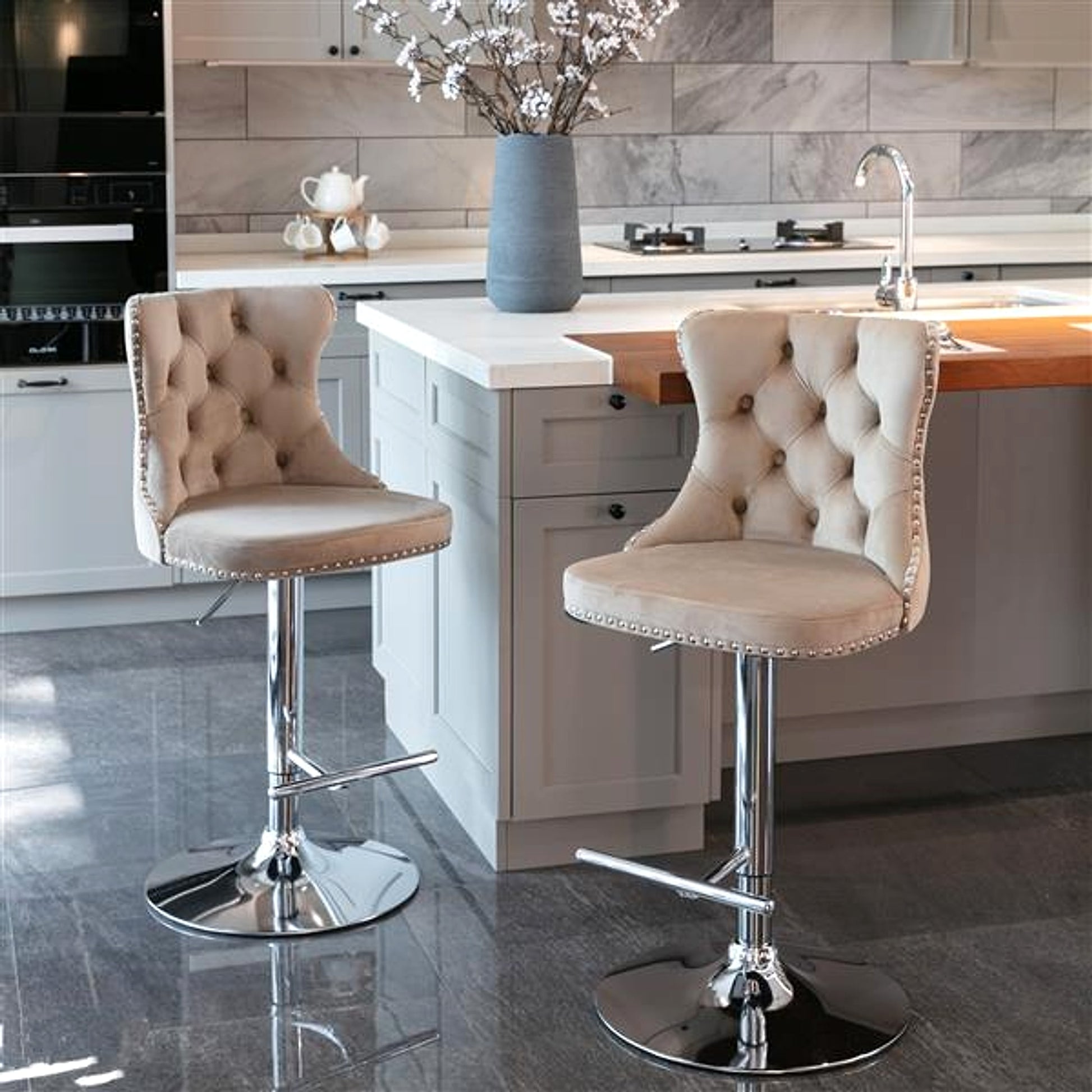 LuneluX_Home  – 2-Piece Velvet Bar Stool Set (Khaki) - enhanced image 2