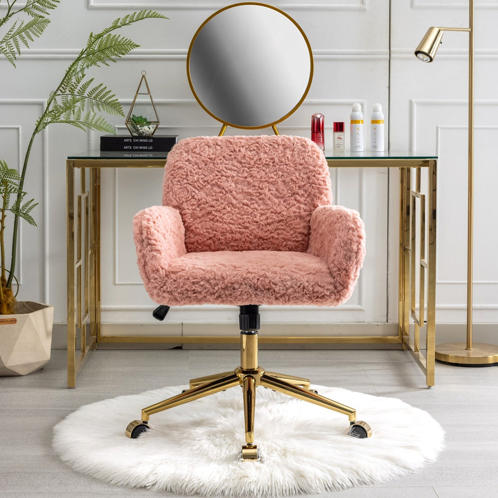 LuneluX_Home – Faux Fur Office Chair with Golden Base (Pink) - enhanced image 2