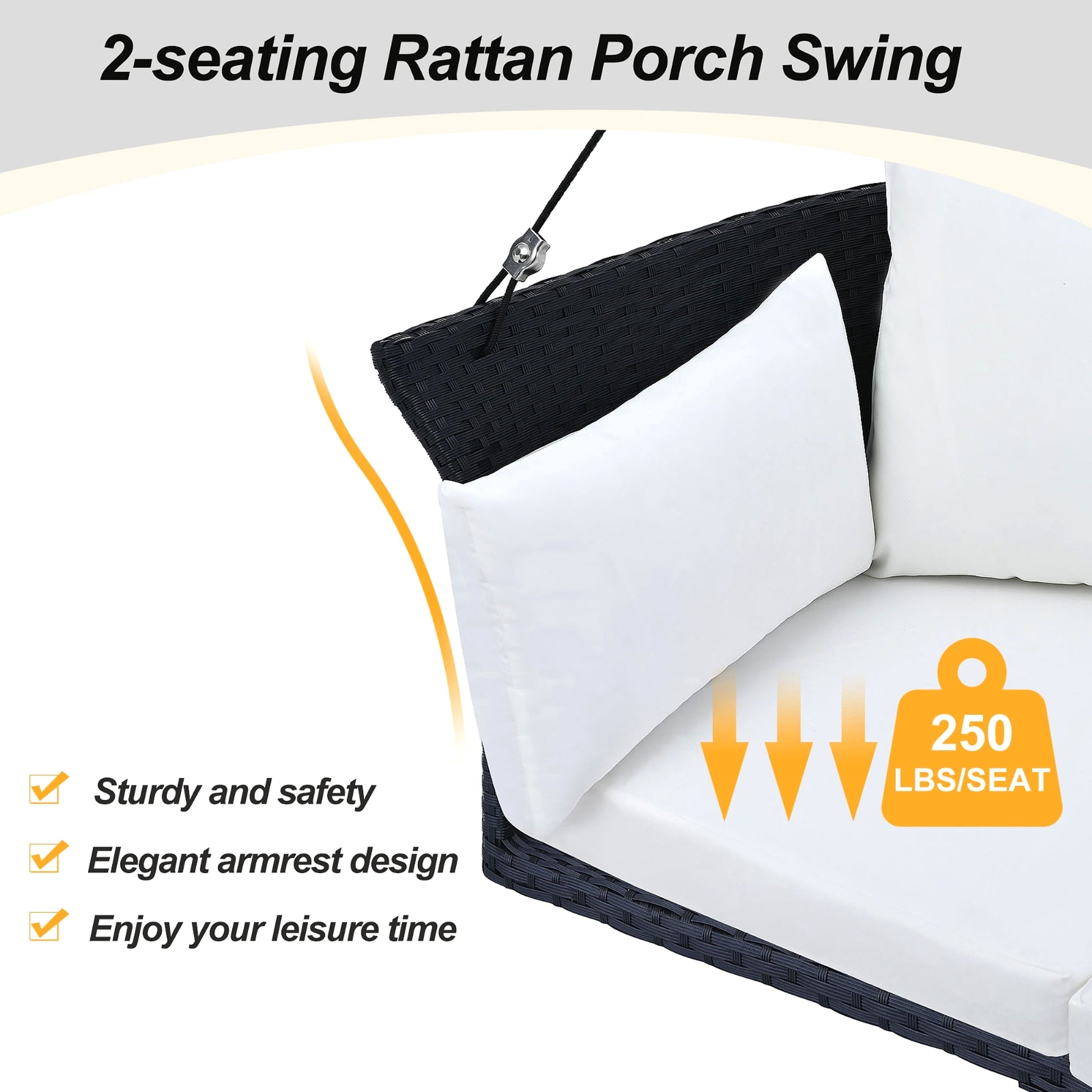 LuneluX_Home – Hanging Rattan Porch Swing for 2 (Black Wicker + White Cushions) - enhanced image 2