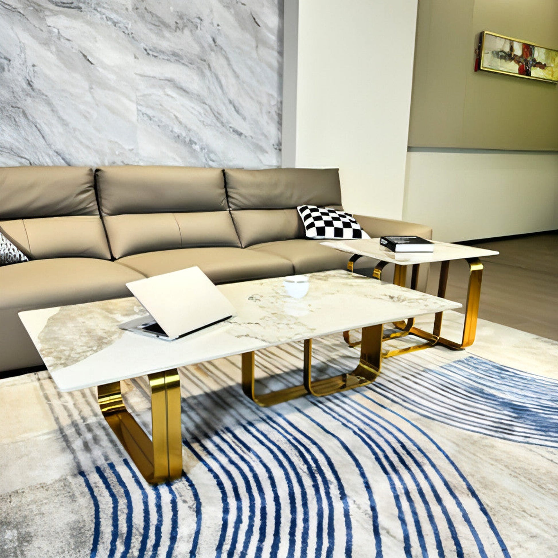 LuneluX_Home – Modern Sintered Stone Coffee Table Set with Gold Frame (2 pcs) - enhanced image 2
