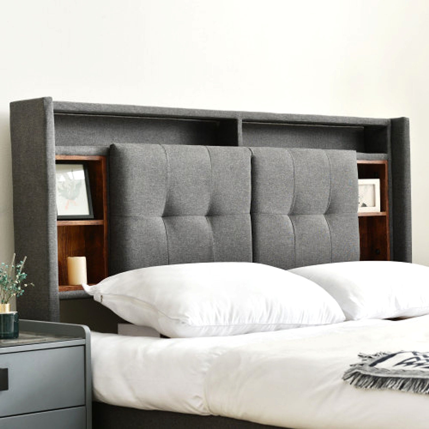 LuneluX_Home – Solid Wood Storage Bed with USB Charging Ports & LED Light (160×200 cm, Gray) - enhanced image 2