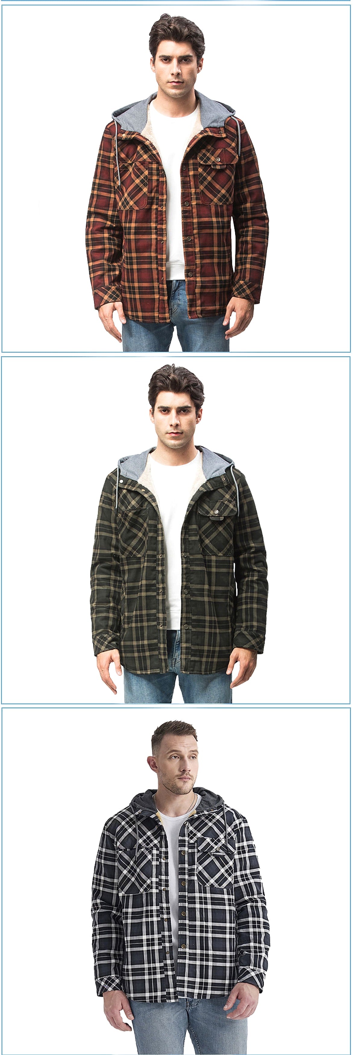 Men’s Fleece-Lined Hooded Plaid Flannel Jacket – Winter Cotton Padded Shirt Coat - enhanced image 2