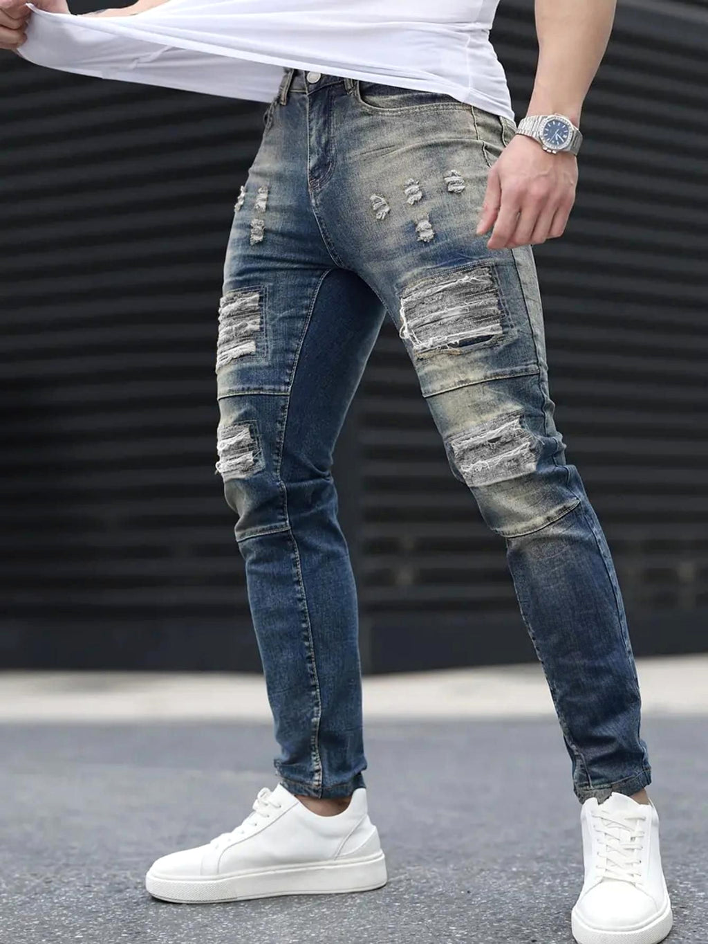 Men’s Ripped Stretch Jeans – Navy High Street | Urban Cool 25 Edition - enhanced image 2