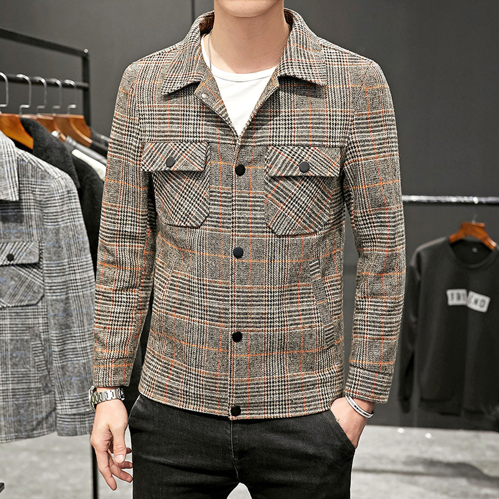 Men's Casual Plaid Jacket Lapel Cropped Coat - enhanced image 2