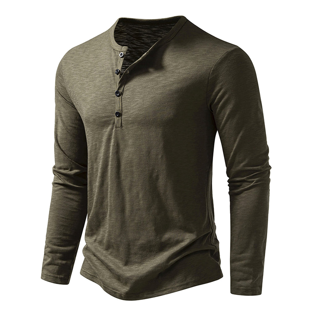 Mens Clothing Long Sleeve T-shirt Fashion Button Henry Collar Tops - enhanced image 2