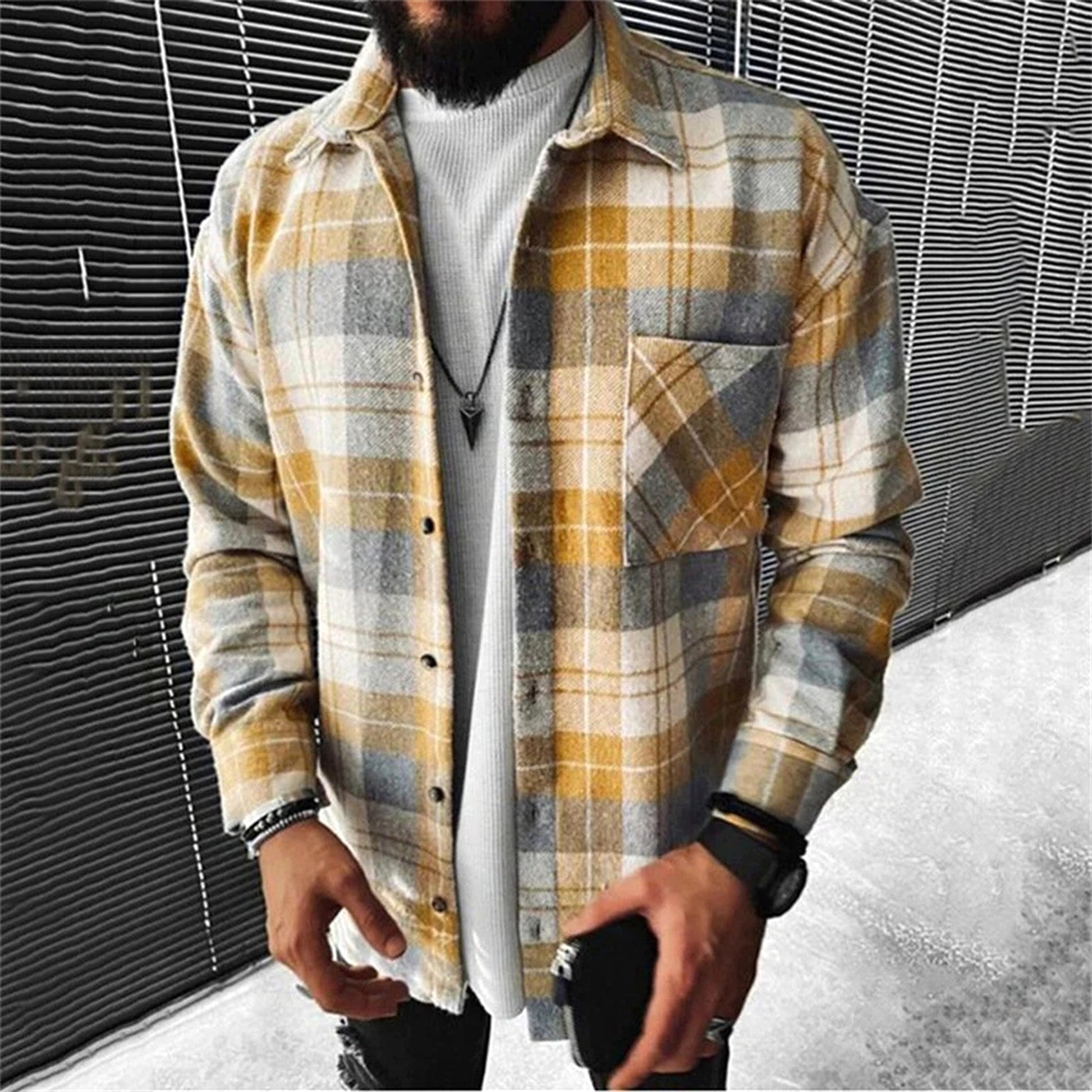 A. Men's DressShirt Plaid Pocket Long Sleeve Jacket - enhanced image 2