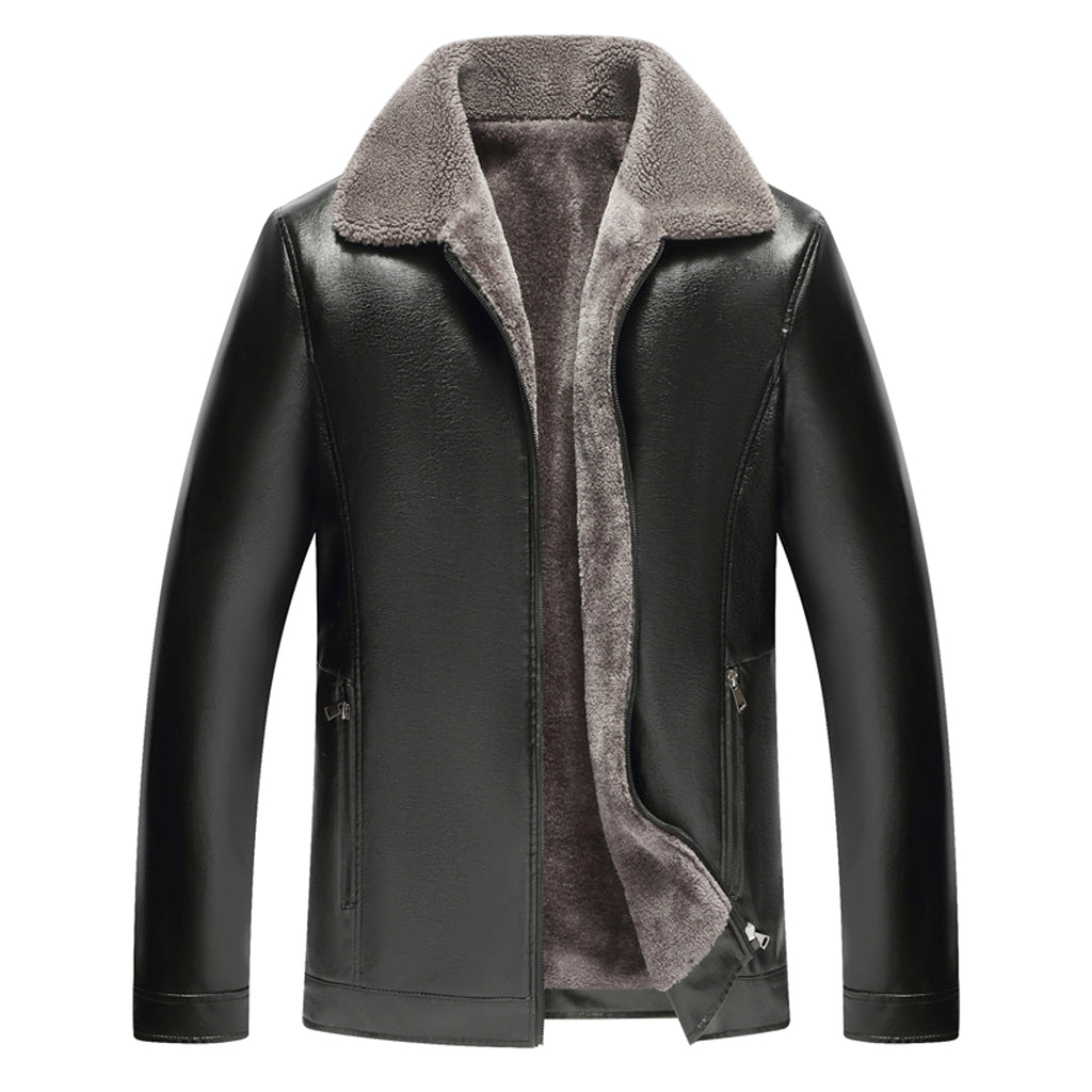 Men's Fashion Casual Polo Collar Fleece-lined Thickened Leather Jacket Coat - enhanced image 2