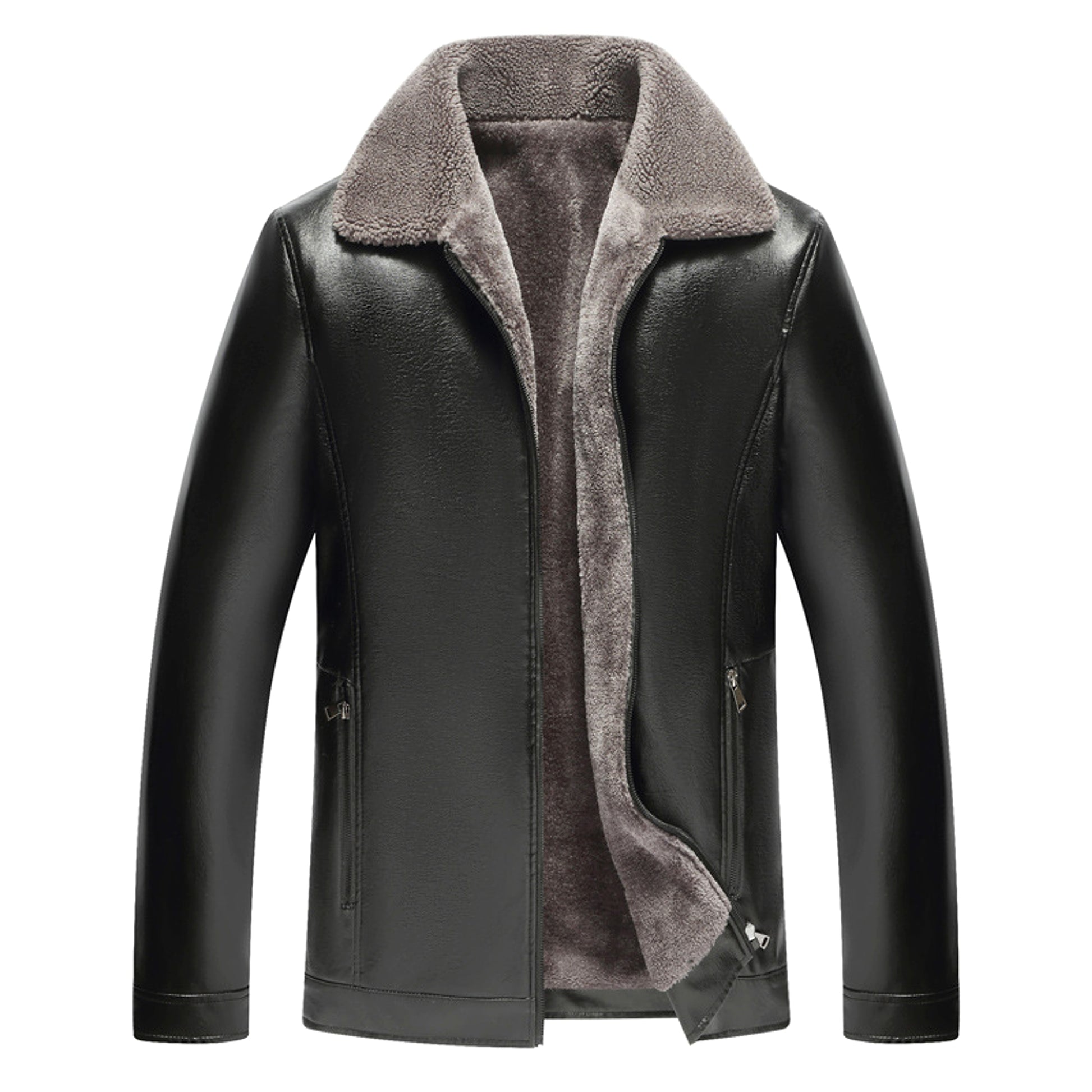 Men's Fashion Casual Polo Collar Fleece-lined Thickened Leather Jacket Coat - enhanced image 2