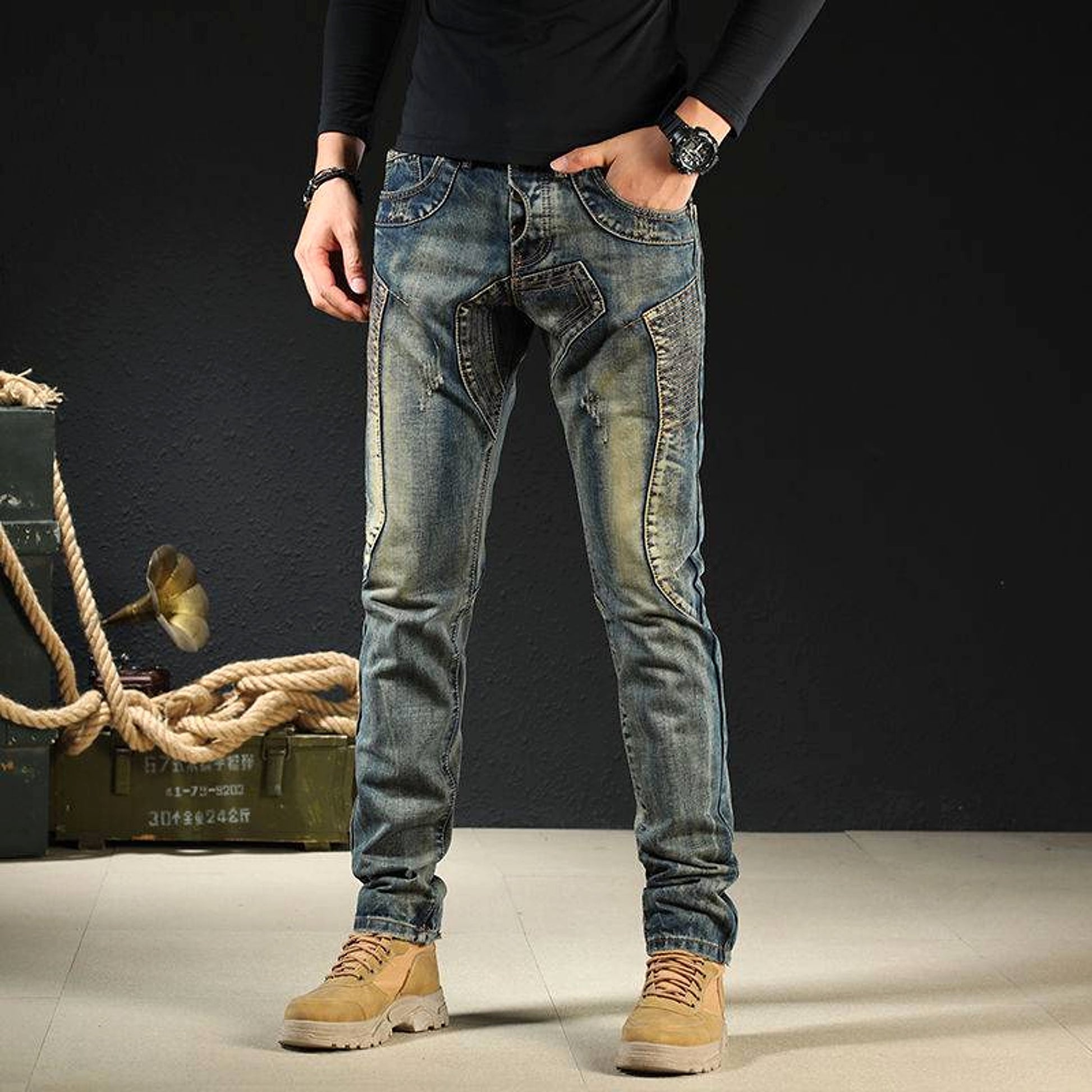Men's Fashion Japanese Style Retro Nostalgic Motorcycle Jeans Men - enhanced image 2