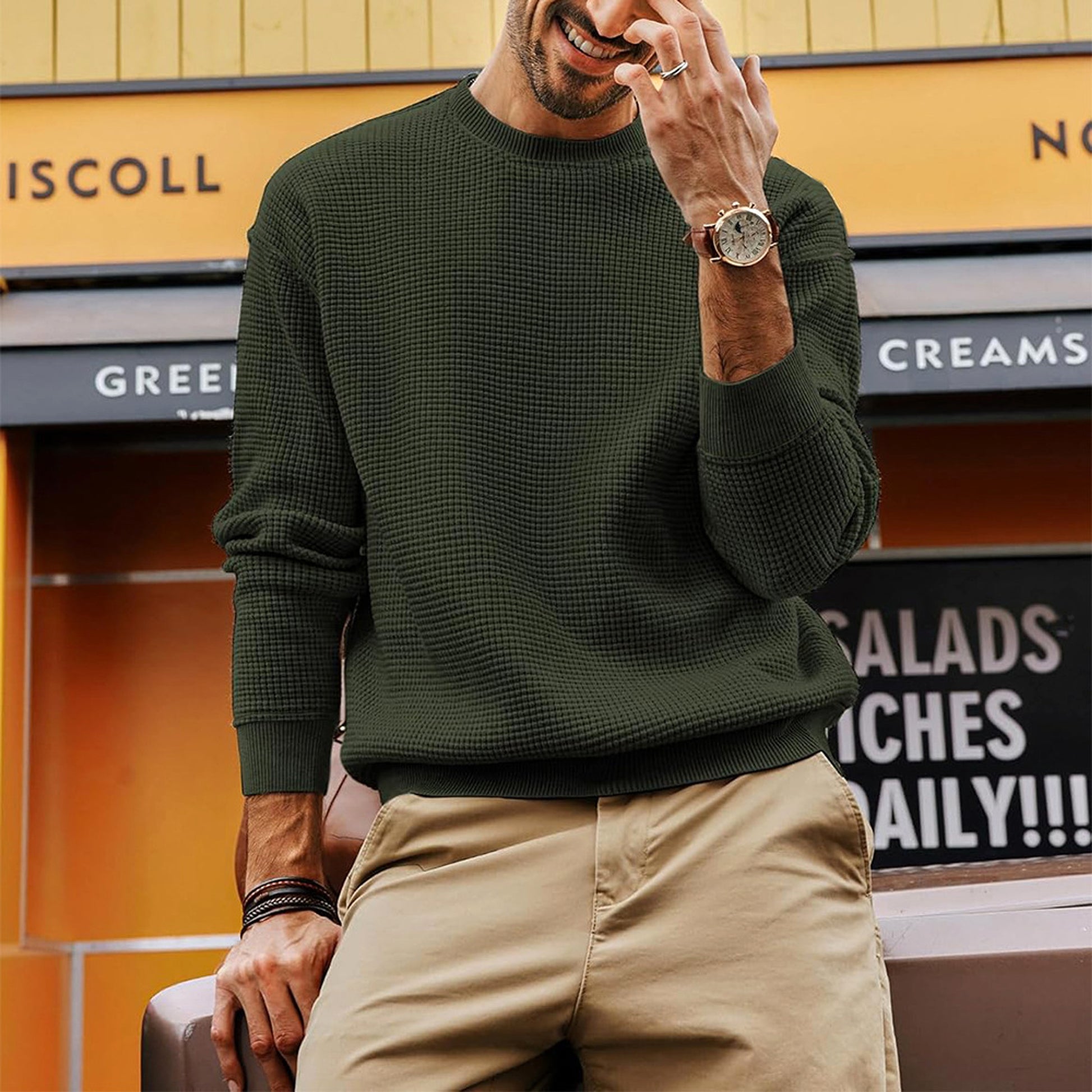 Men's Fashion Solid Color Waffle Casual - enhanced image 2