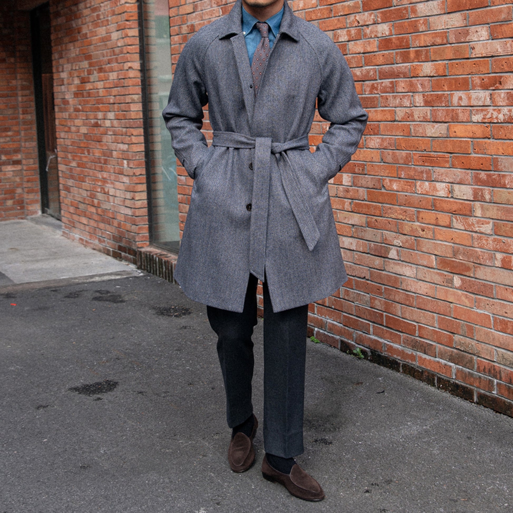 Men's Herringbone Wool Slim Fit Mid Length Coat - enhanced image 2