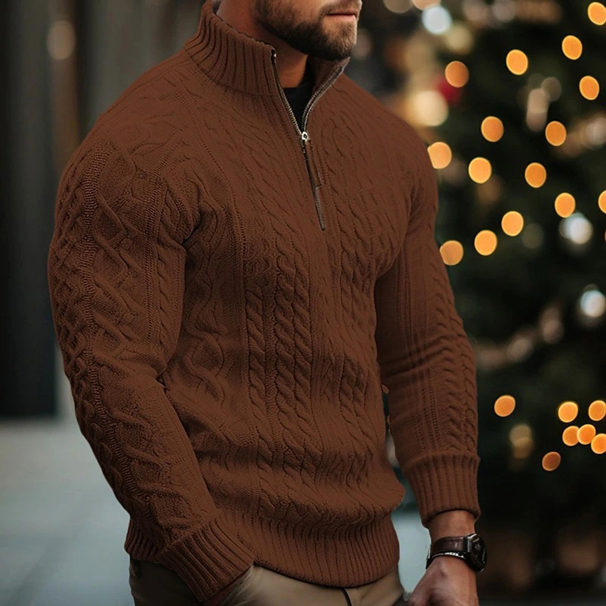 Men's Knitwear Half Zipper Coat Solid Color Twisted Thickened Sweater - enhanced image 2