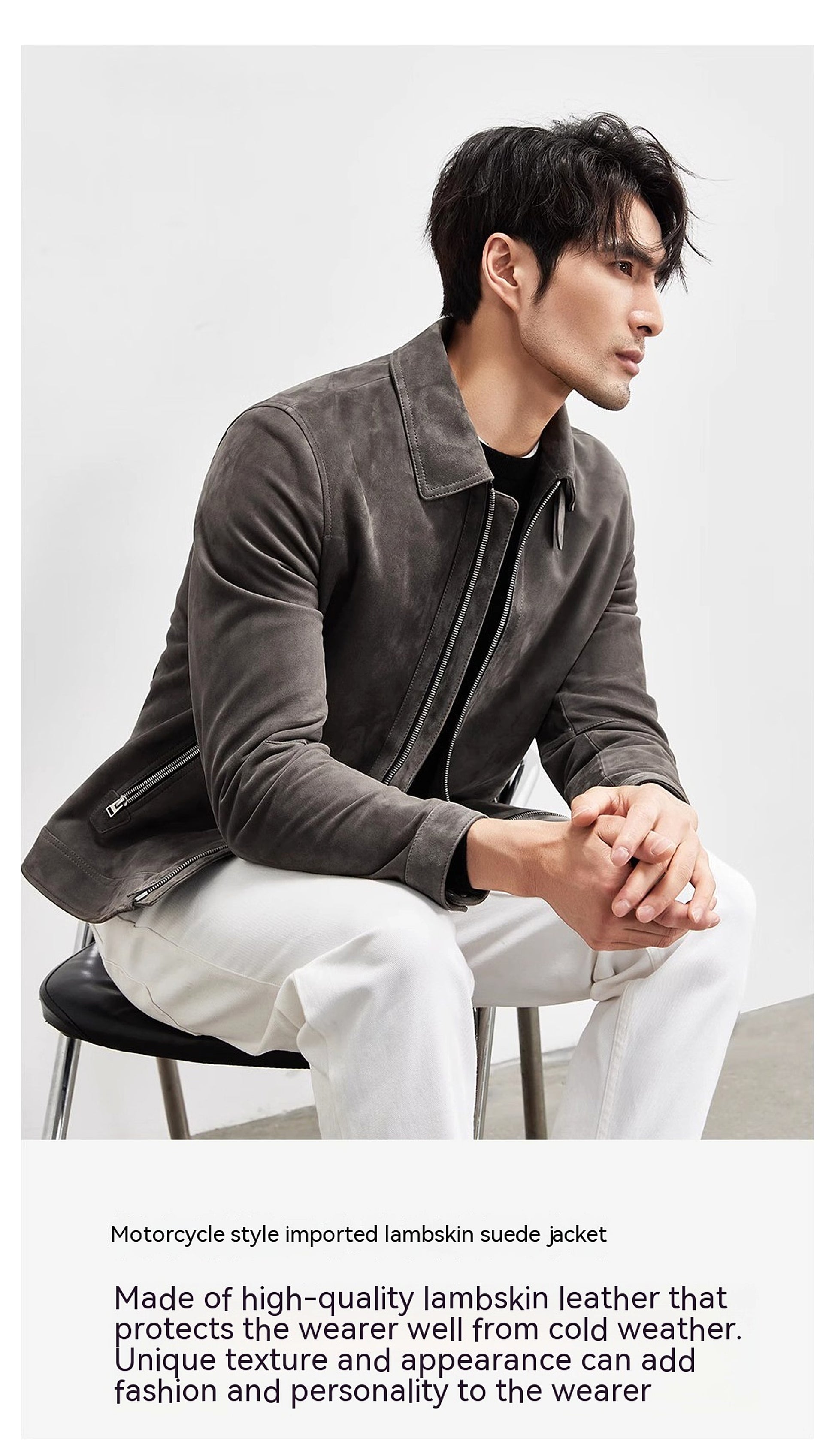 A1. Men's Lambskin Suede Lapel Biker's Leather Jacket - enhanced image 2