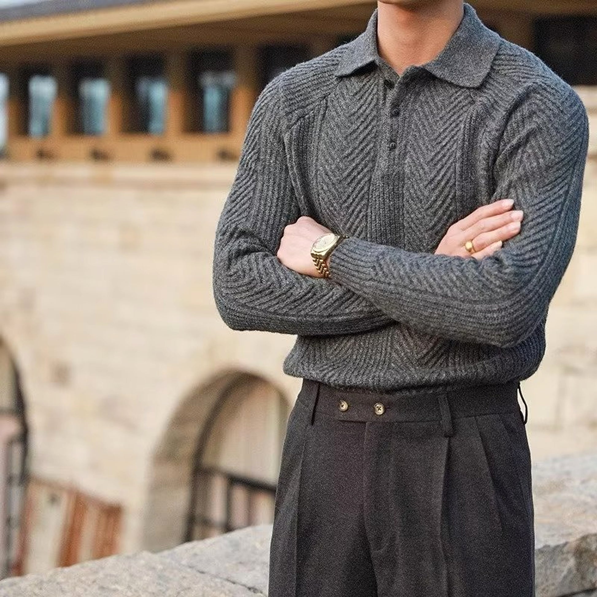 Men's Lapel Knitted Sweater Winter Pullover Long-sleeved Top Clothes - enhanced image 2