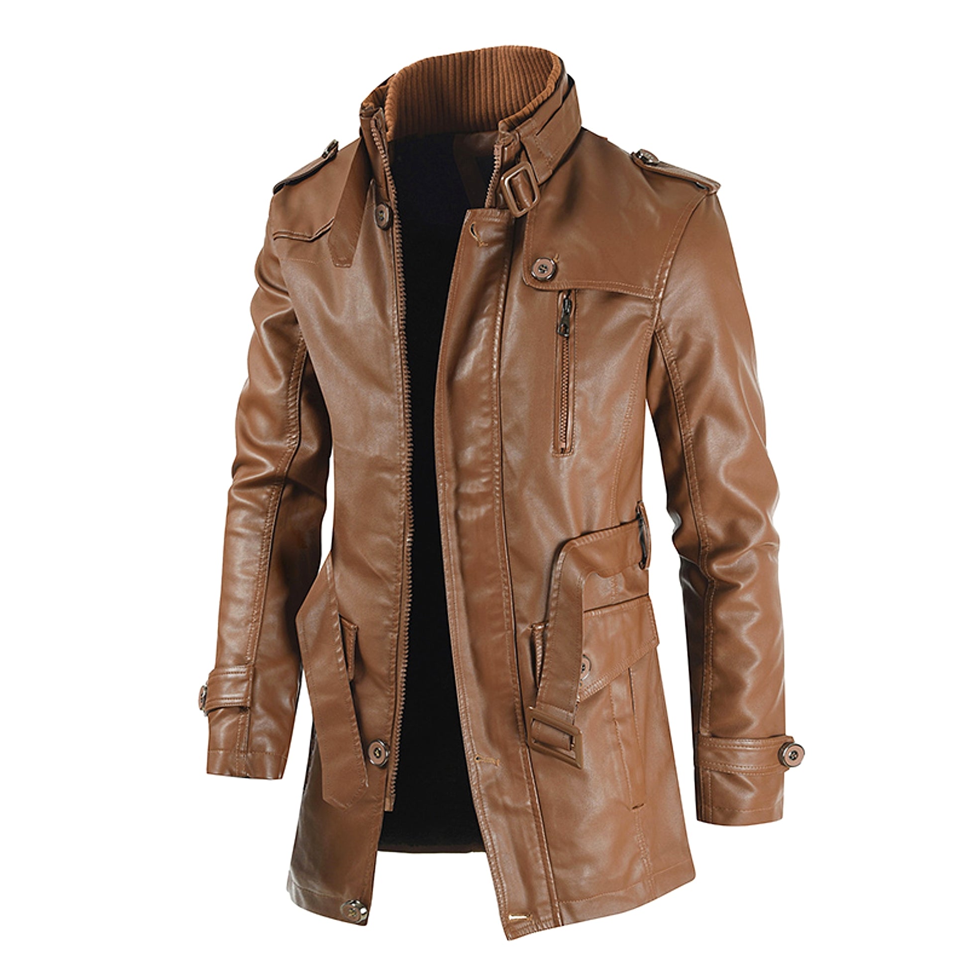 Men's Mid-length Stand-up Collar Slim Large Size Leather Trench Coat - enhanced image 2
