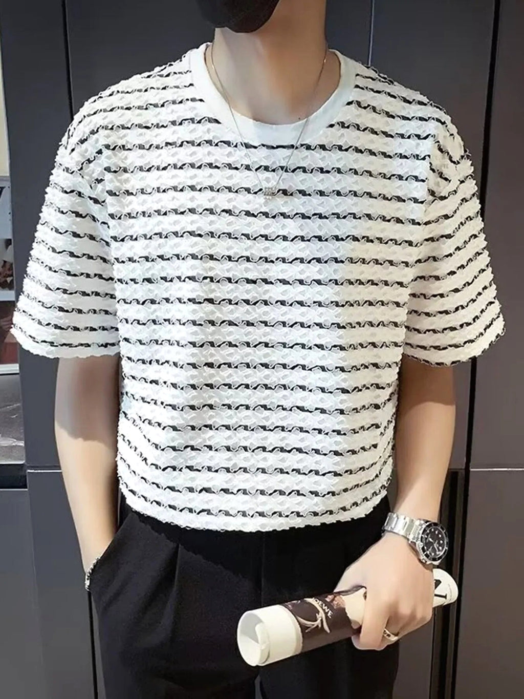 Men's Plus Size Casual Striped Wave Pattern Short Sleeve T-Shirt - enhanced image 2