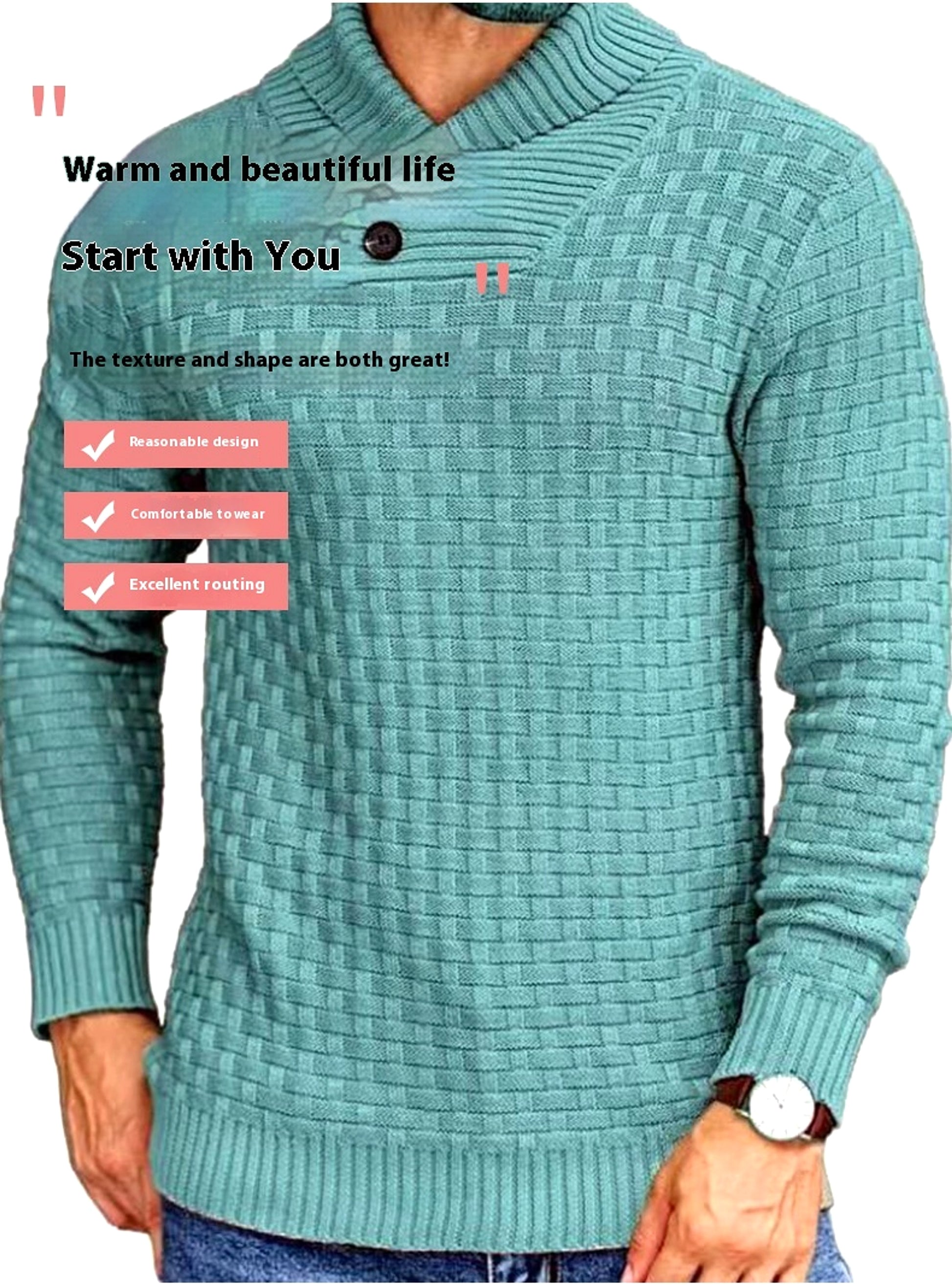 Chic Buttoned Slim Turtleneck Sweater for Men - enhanced image 2
