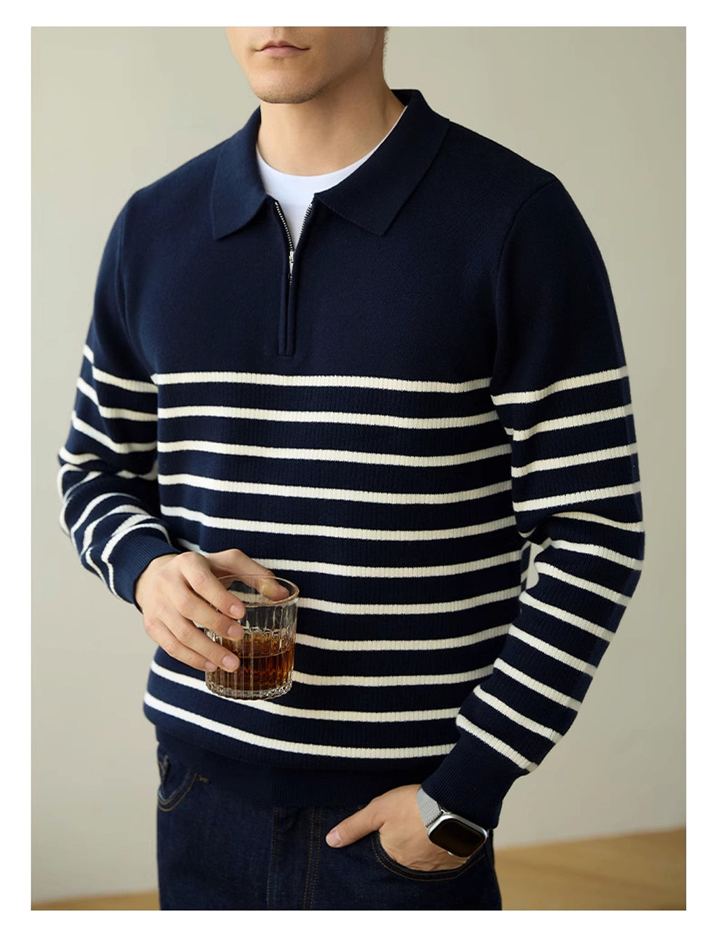 Men's Spring And Autumn New Half Zipper Striped Business Casual Sweater - enhanced image 2